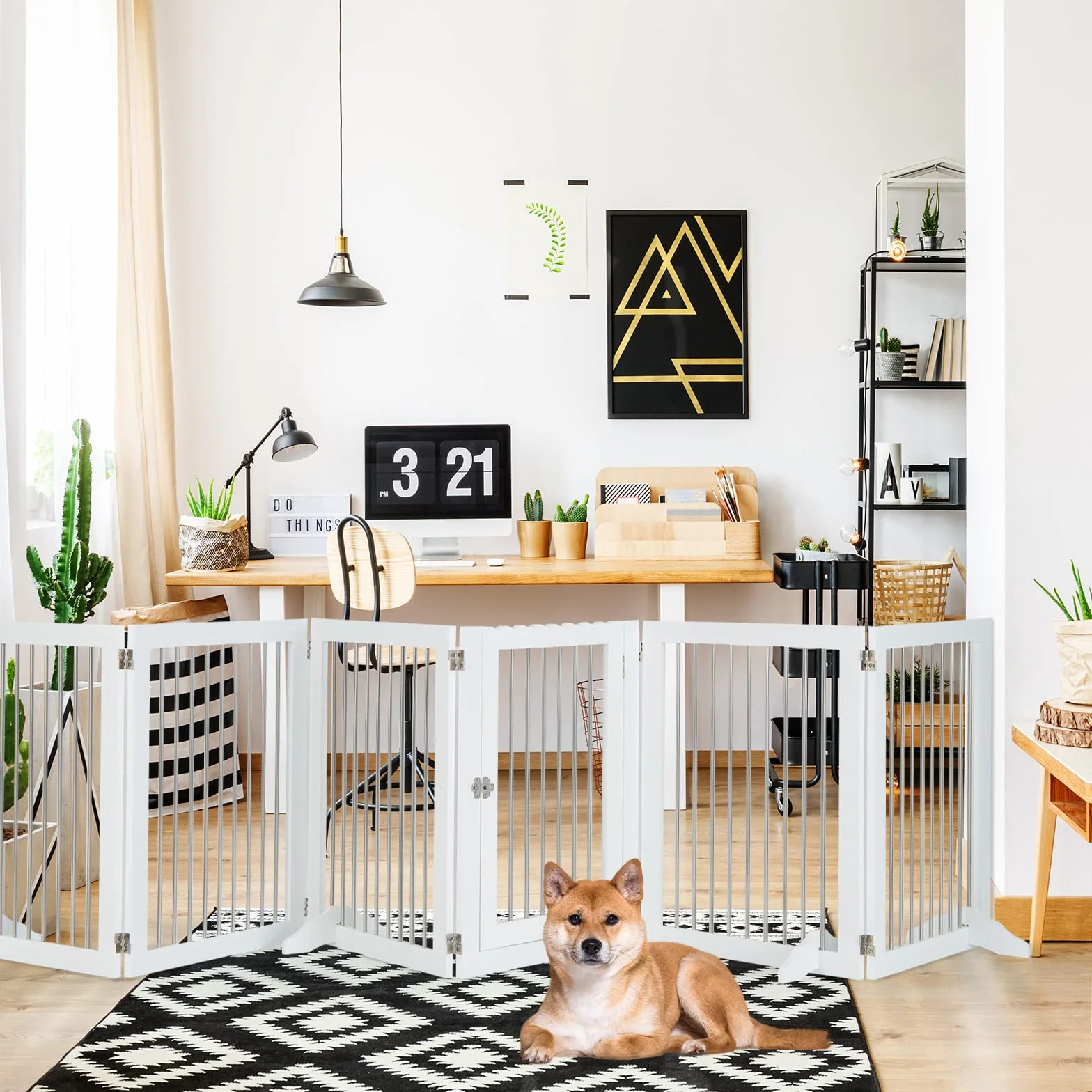 COSTWAY Cancelletto per Cani Pieghevole in Legno, Cancello per Animali Domestici 6 Ante, Box per Cani Piccola/Media Taglia, 80 x 61 x 1,8 cm