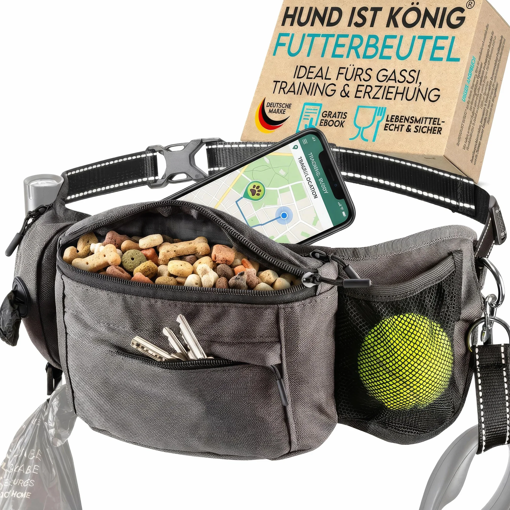 HUND IST KÖNIG Borsa per cani e accessori per cani – Robusto marsupio per cani – Borsa per cibo per cani con dispenser per sacchetti, scomparto per cellulare e tracolla per cavi flessibili