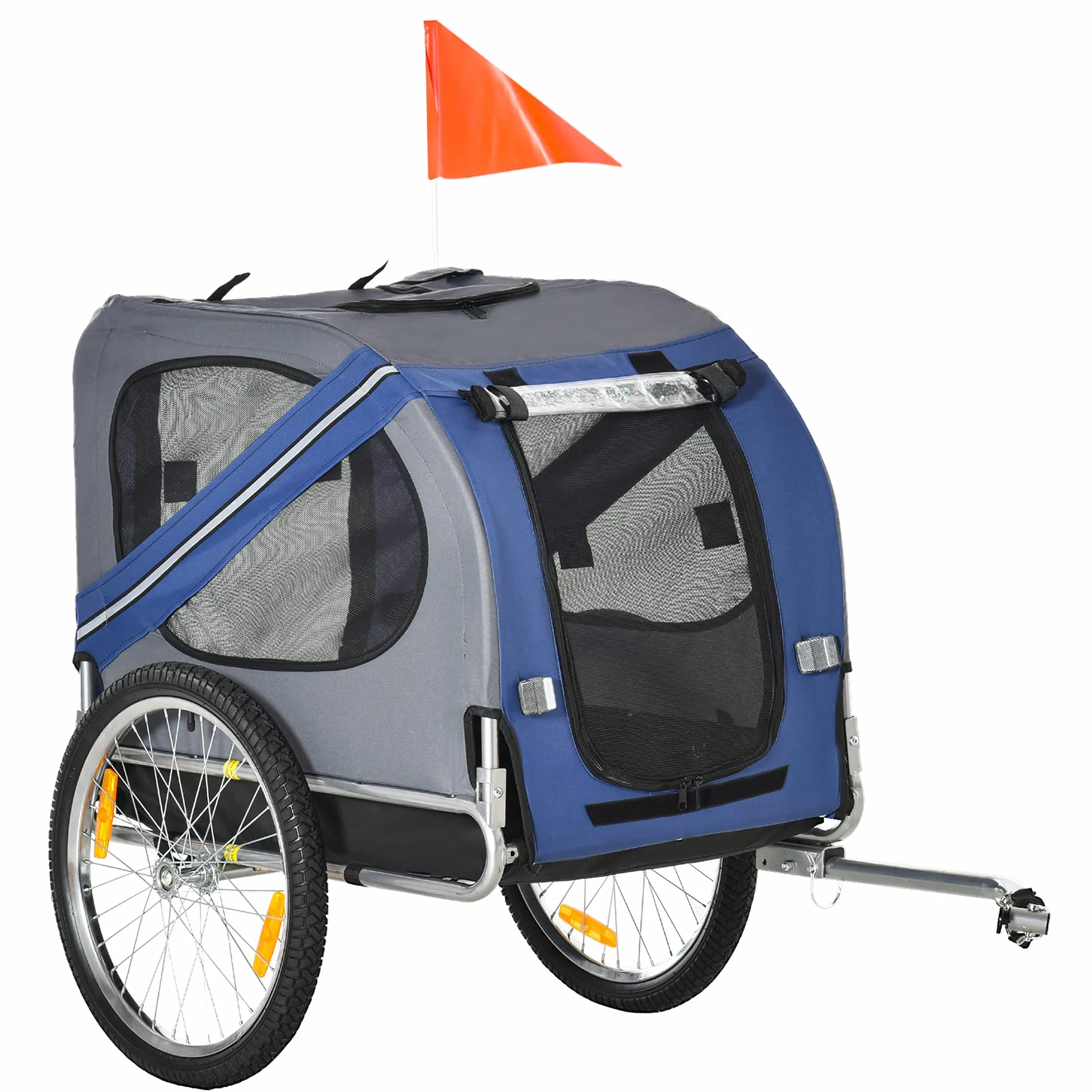 PawHut Rimorchio da Bicicletta per Cani e Gatti 2 Grandi Ruote da 50cm Buona Ventilazione Bandiera di Sicurezza Resistente alle Intemperie Acciaio e Tessuto Oxford
