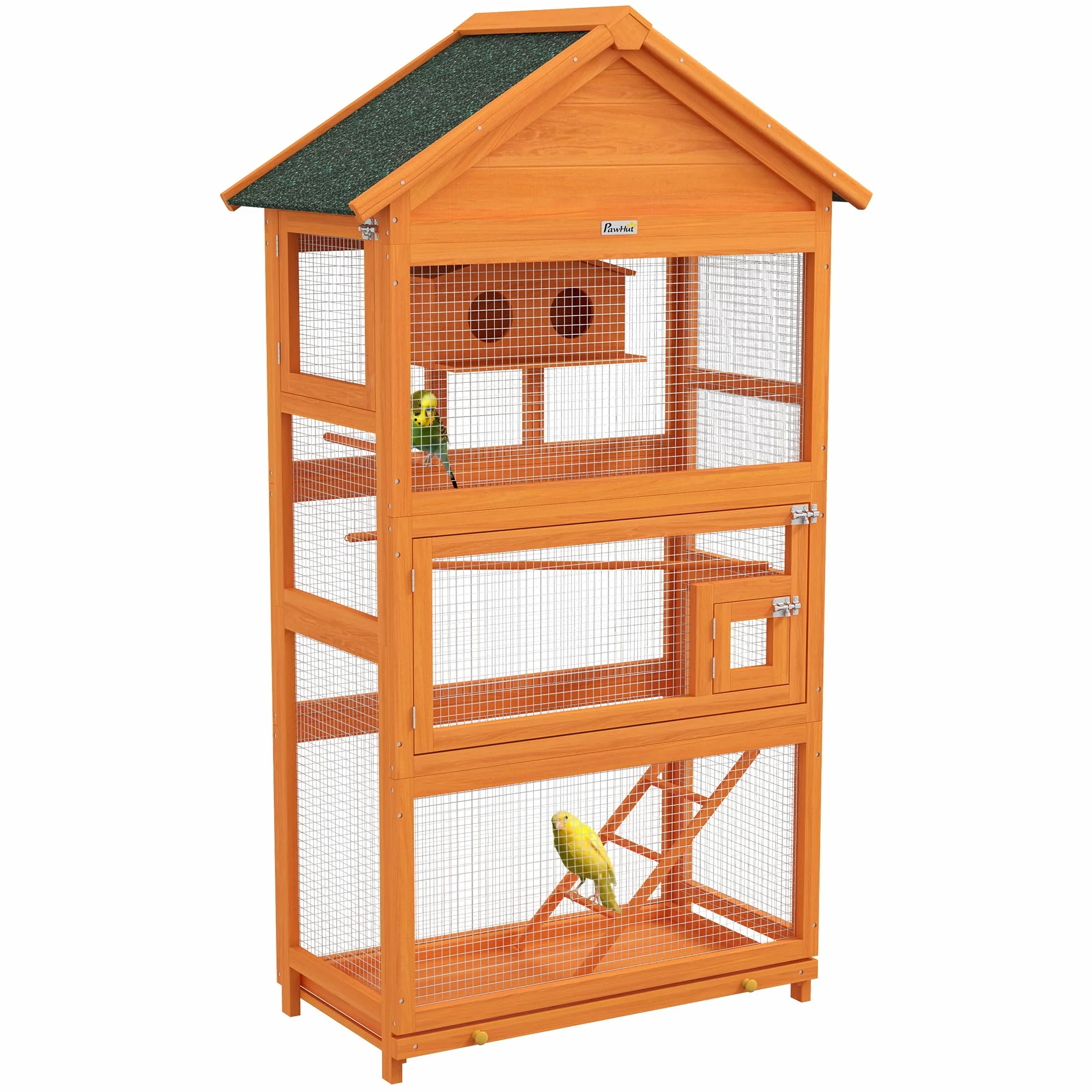 PawHut Gabbia per Uccelli in Legno, Gabbia per pappagalli, Parco Giochi, voliera per Uccelli Esterni, Tetto Asfalto Impermeabile, per parrocchetta, calopsitte, Conure, canarini, 92 x 52 x 171 cm