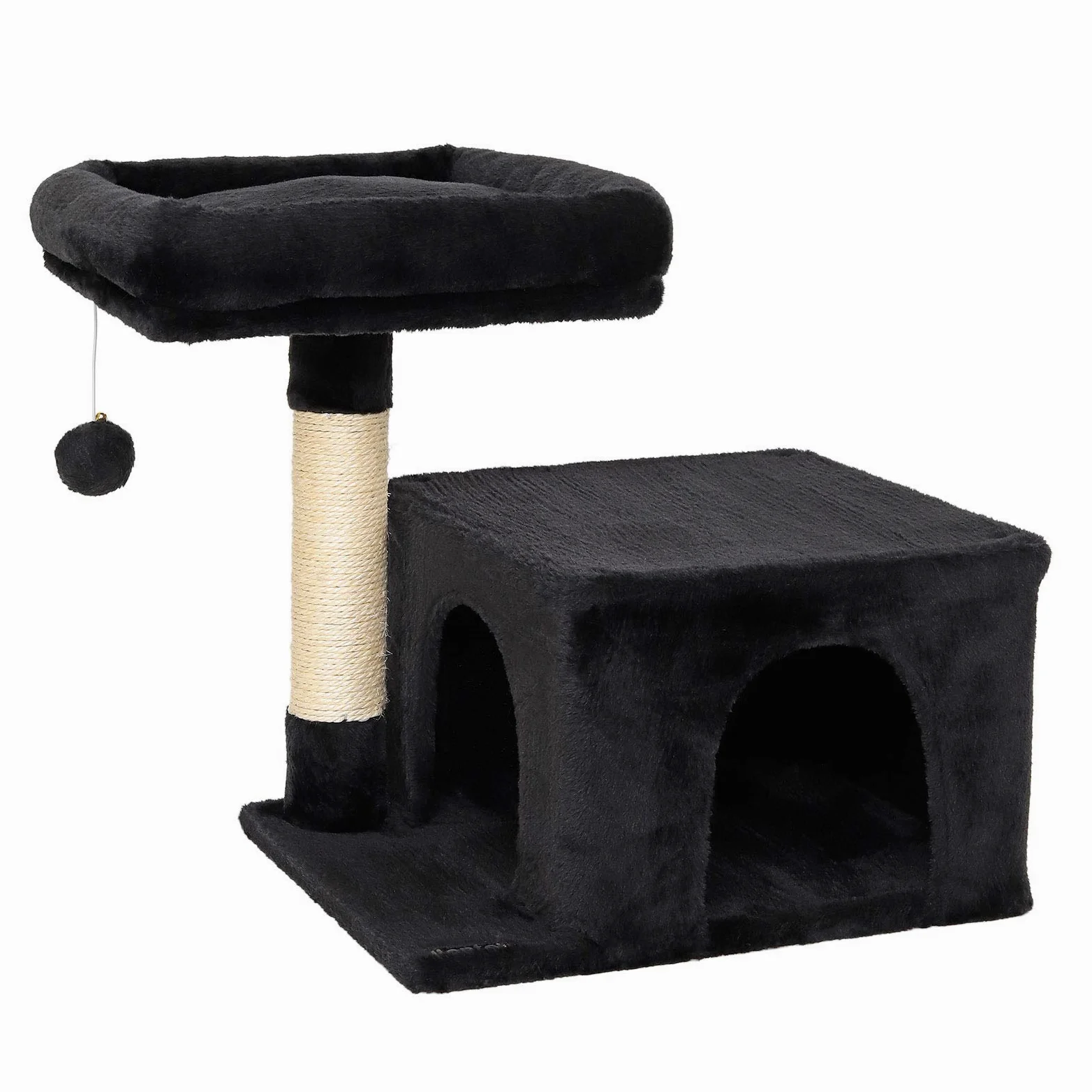 lionto Tiragraffi con Piattaforma, Grotta e Sisal, 50 cm, Nero | Tiragraffi piccolo per gatti con piattaforme, colonne in sisal ed elementi gioco per arrampicarsi, giocare e curare le unghie