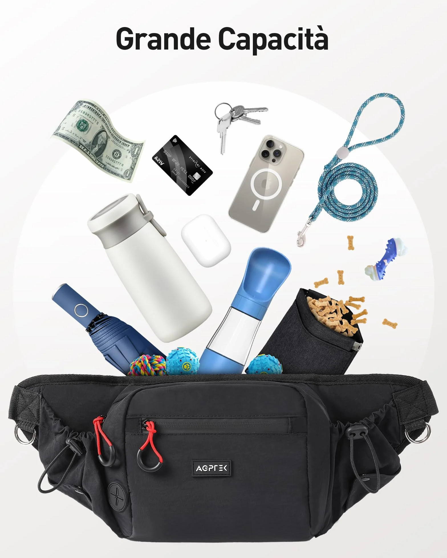 AGPTEK Marsupio per Cani con Borsa Snack Rimovibile, Impermeabile, Alta capacità, Portaborraccia, Dispenser Sacchetti Igienici, per Addestramento e Passeggiate, Nero