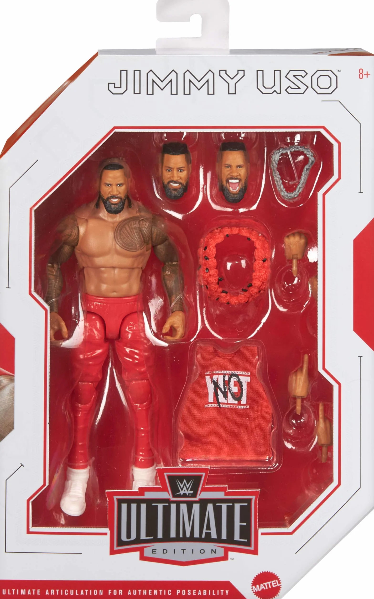 Mattel WWE Ultimate Edition Action Figure Jimmy USO 6" da collezione, teste e mani intercambiabili, 30 punti di articolazione