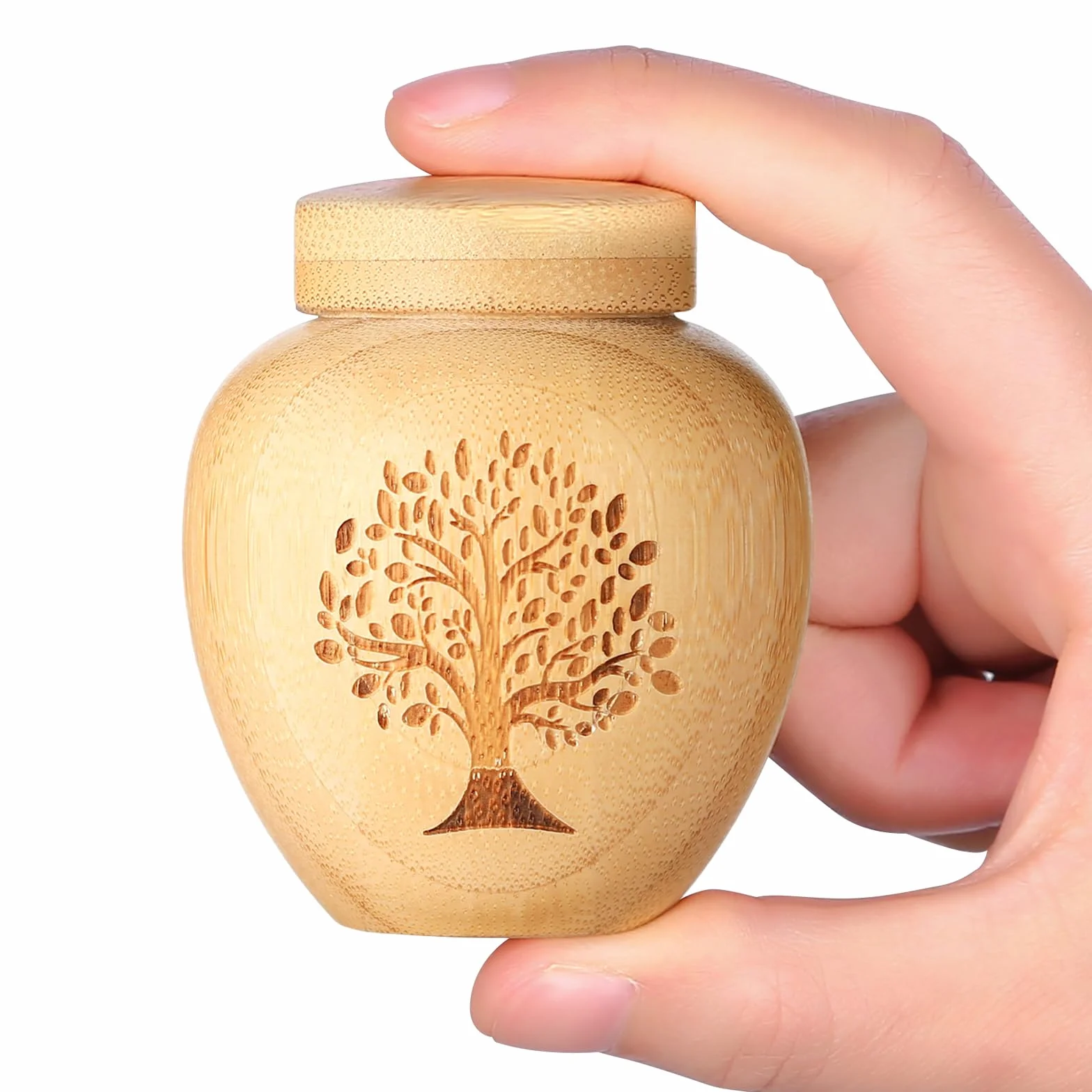 Piccola urna per cenere umana in bambù – Mini ricordo con motivo albero della vita inciso per persone e animali domestici (albero della vita, 1 pezzo)
