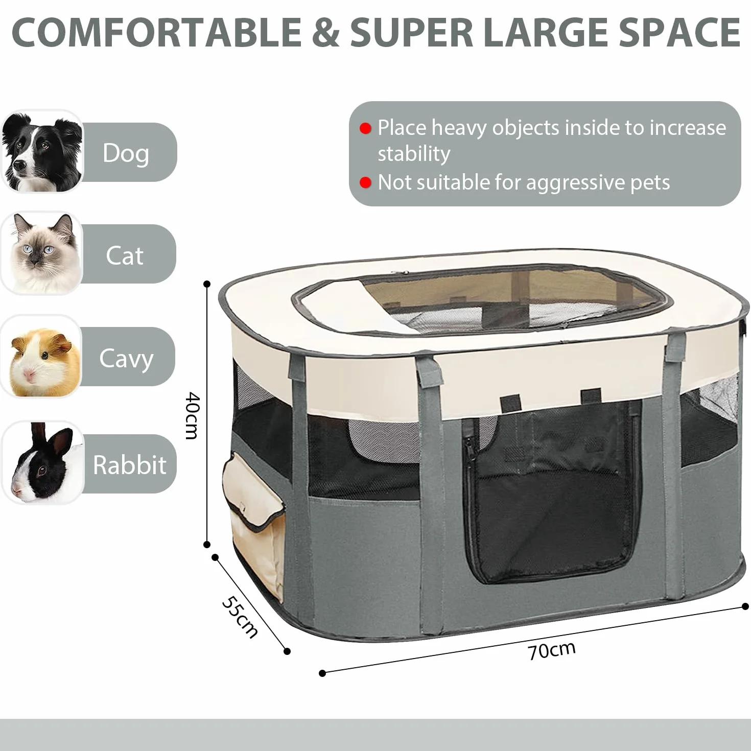Recinto per Animali Pieghevole Box per Cani e Gatti Grigio 70 x 55 x 40 cm Traspirante Portatile