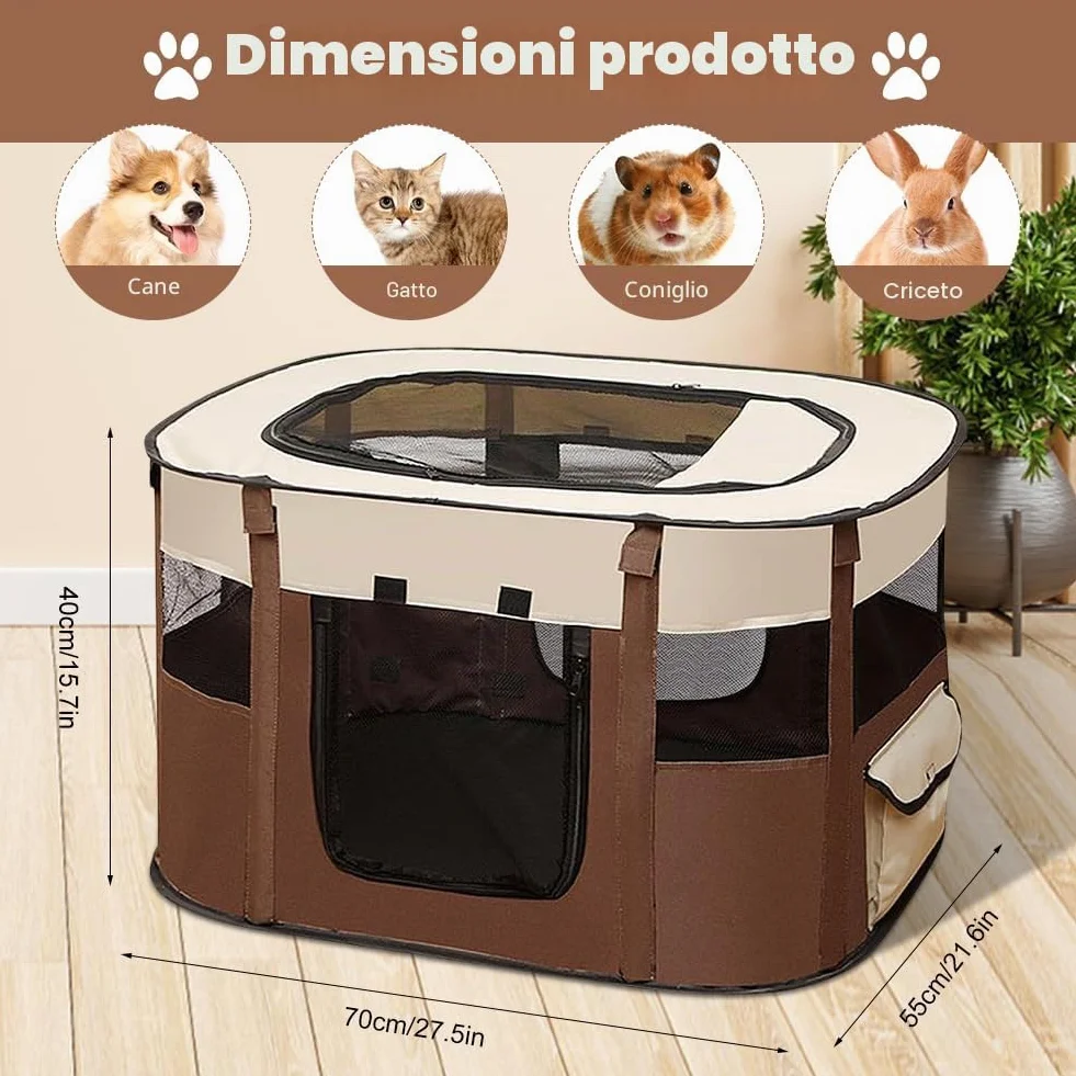 Cane per cuccioli pieghevole in tessuto Oxford 70 x 55 x 40 cm caffè