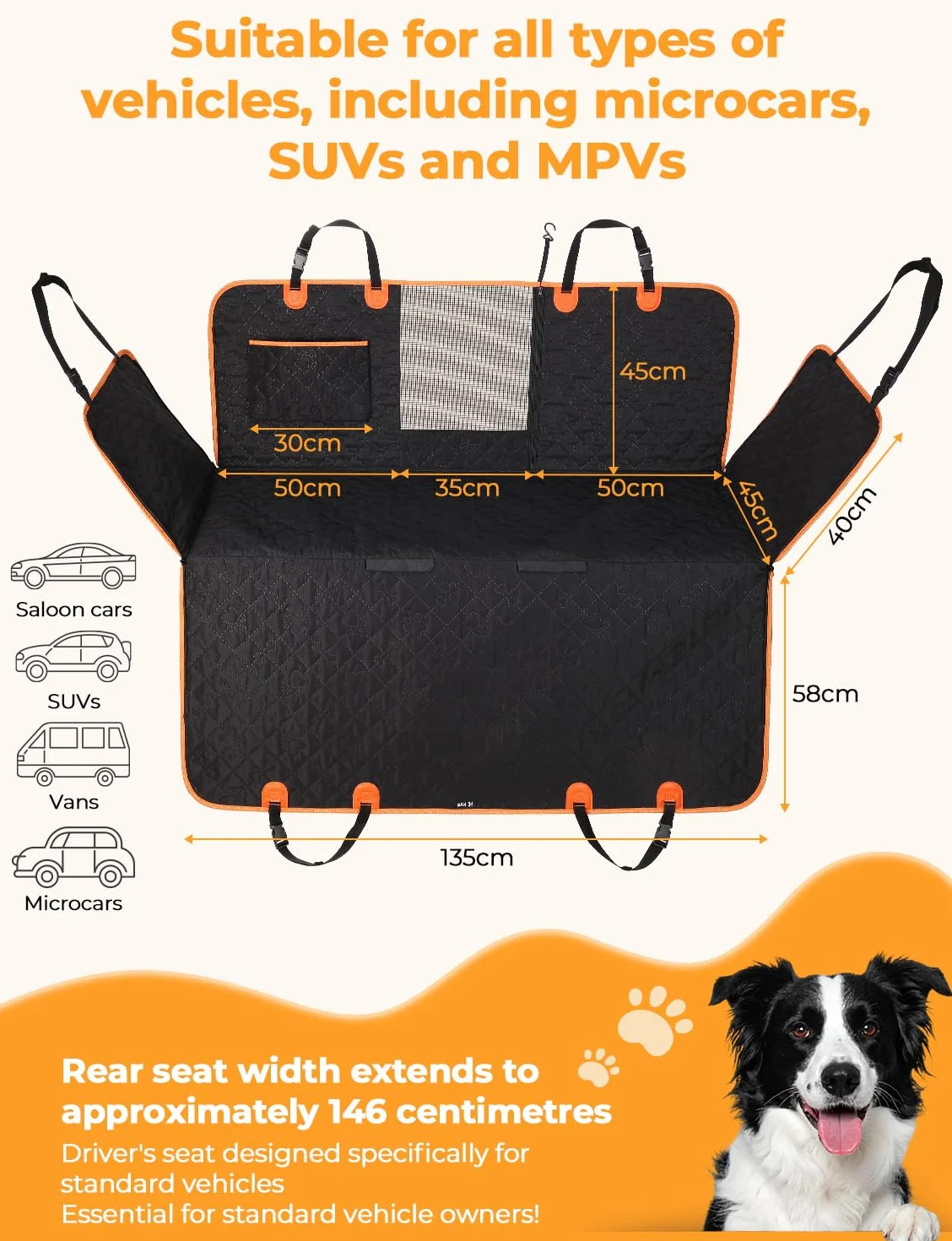 KYG Coprisedile per auto per animali domestici, design rimovibile, finestra in rete traspirante, cinghia di sicurezza anti-scappamento, impermeabile e antiscivolo, universale per cani e gatti (nero)