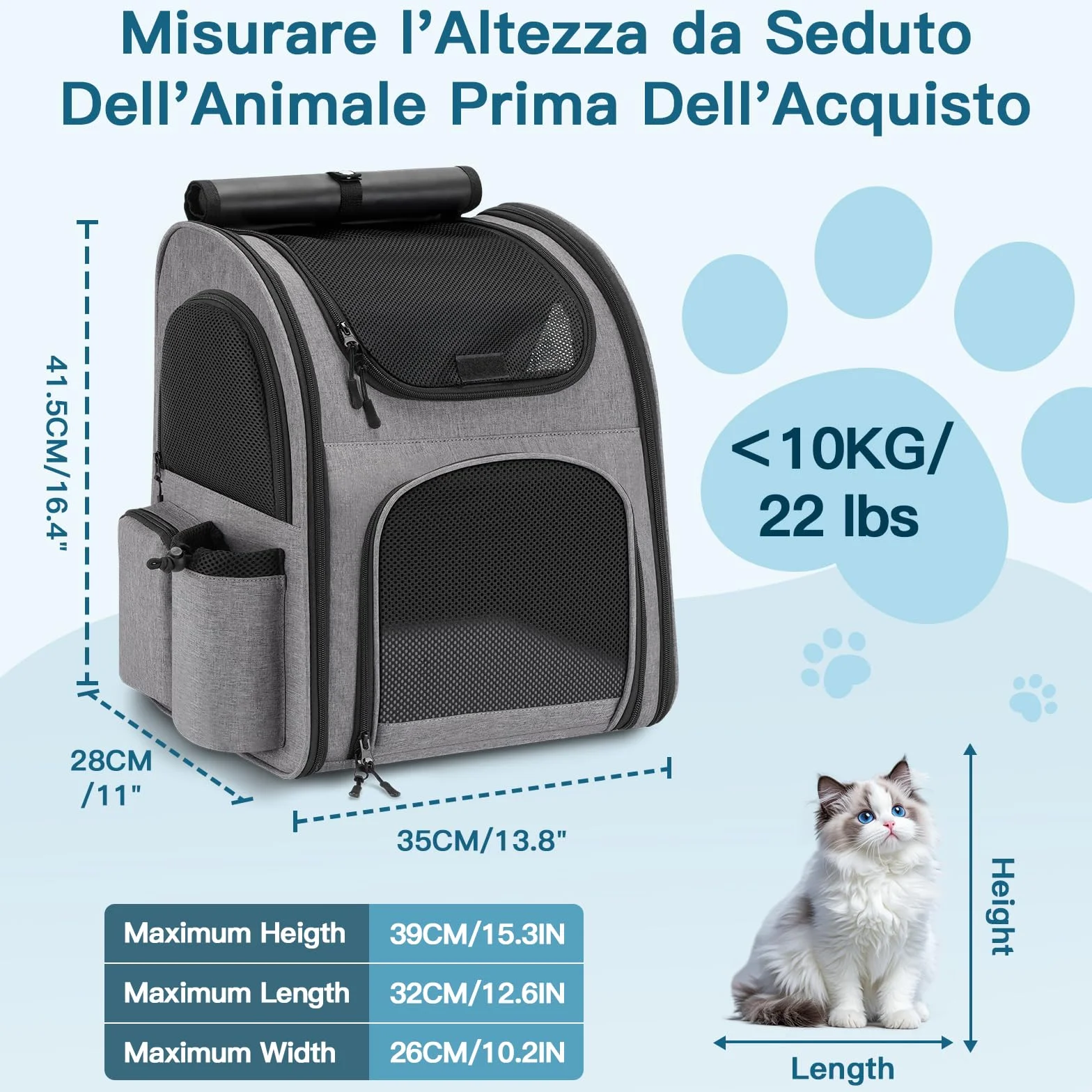 Zaino per Cani Gatti 10 kg Traspirante con Finestra a Rete e Guinzaglio Interno - Grigio