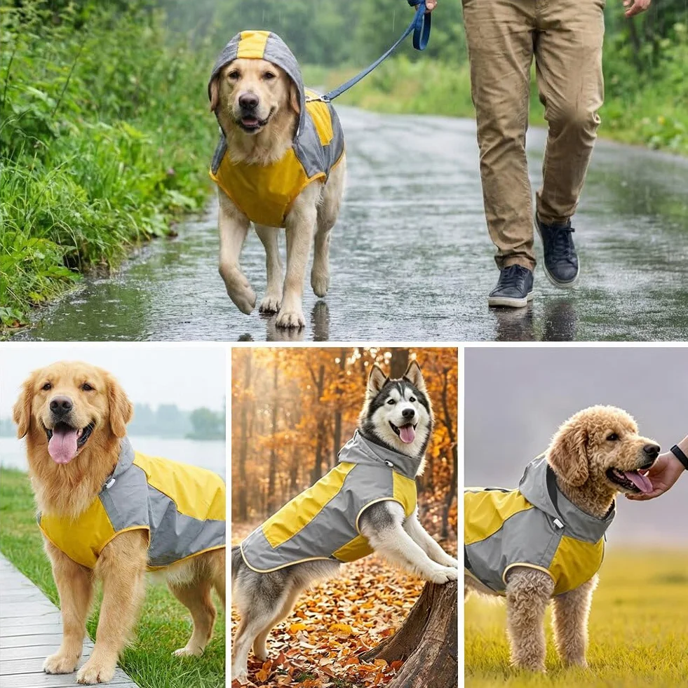 AOOWU Impermeabile Cane, Impermeabile Cane Giacca Riflettente per Cani con Cappuccio, Giallo Impermeabile per Cani per Adatto a Cani di Taglia Grande, Media e Piccola (L)