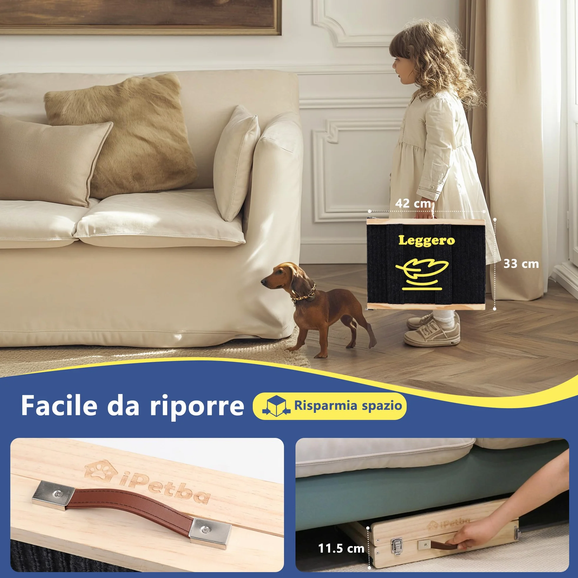 Rampa per Cane per Letto e Divano Antiscivolo Pieghevole Regolabile Portatile Fino a 16 kg