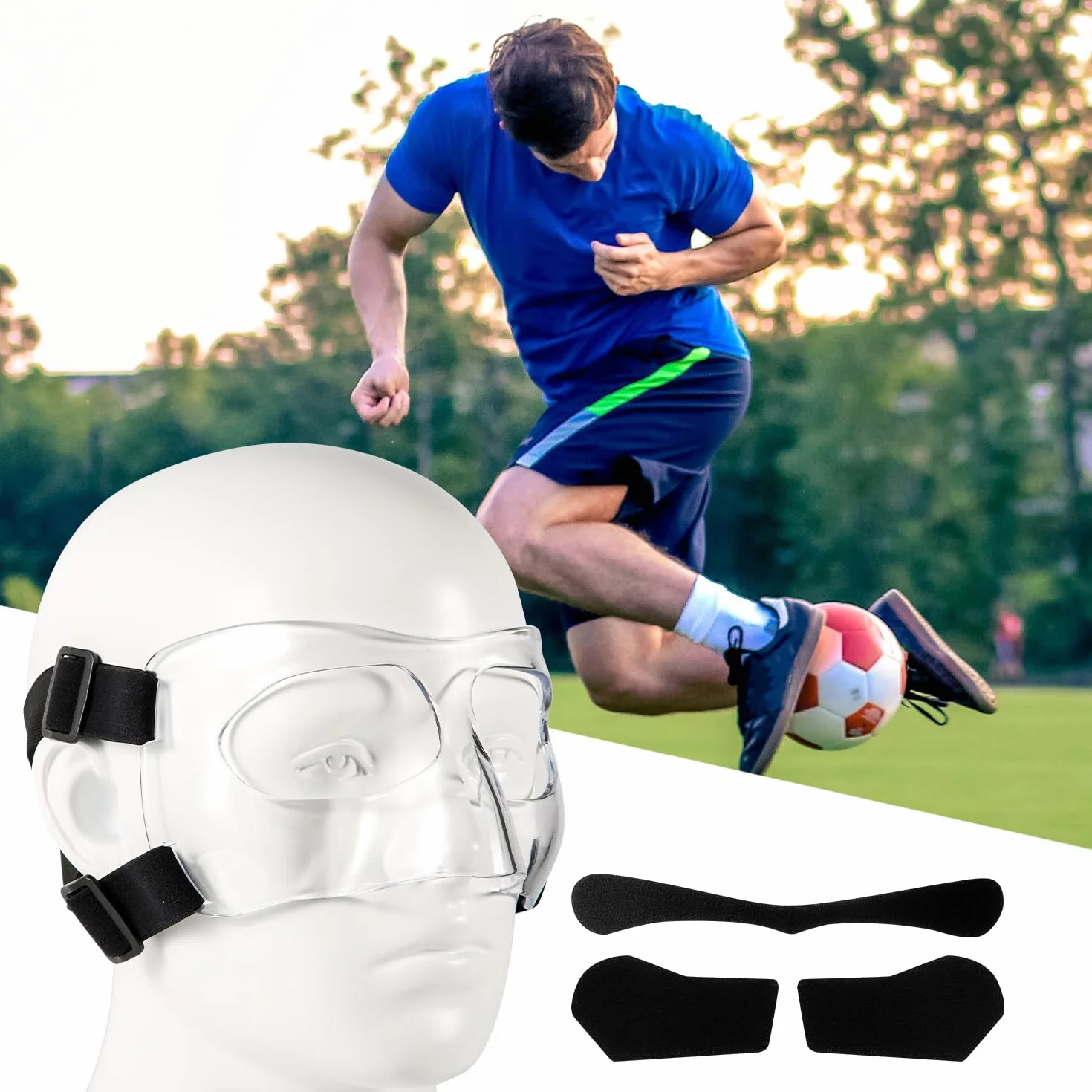 Maschera per Naso Rotto, Regolabile Visiera Traspirante Trasparente Allenamento Sportivo Maschera per il Viso Protezione per il Naso con Imbottitura per Adulti Adolescenti Basket Calcio