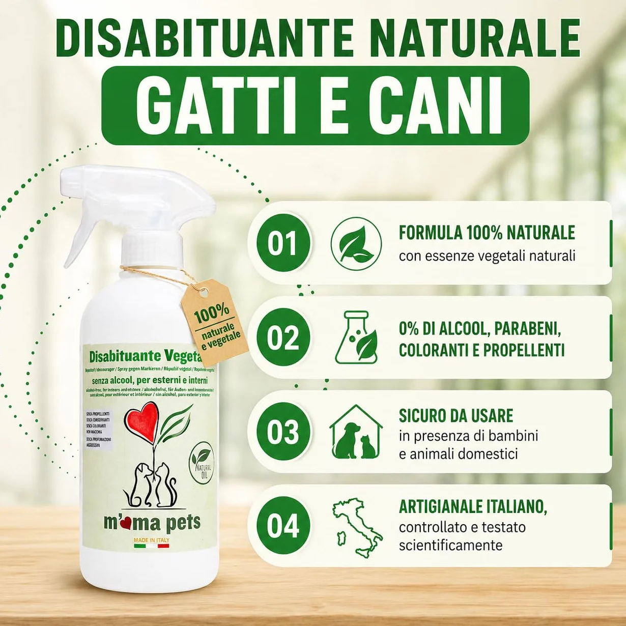 M' MA PETS Repellente Disabituante per Cani e Gatti 100% Naturale, Made in Italy - Spray Anti Urina Uso Interno ed Esterno – Formula Green a Base Vegetale Senza Alcool - 500ml