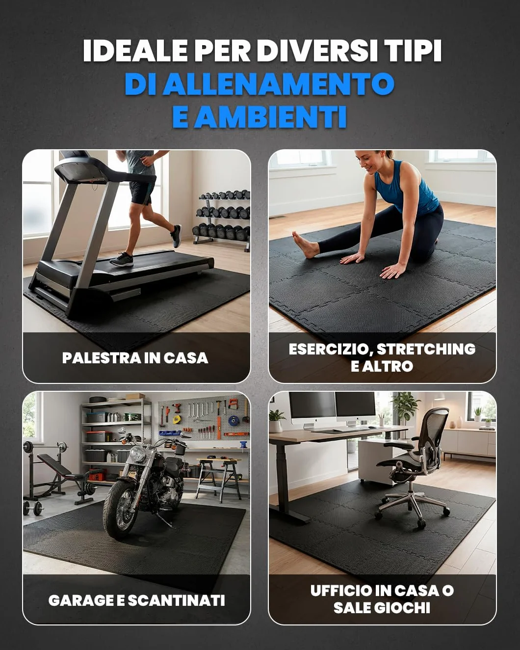 Tappeto da Fitness a Puzzle 12 Pezzi Tatami Antiscivolo Pavimento Protettivo Incastro Palestra Schiuma EVA 30x30x1 cm Nero