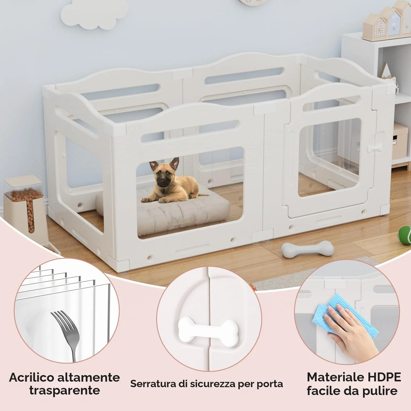 Clevich Recinto per Cani da Interno in Acrilico 129 × 68 × 60 cm, 5 PCS +1 Pannelli con Porta a Chiusura, Recinto per Cani Pieghevole con Ventose, Parco adatto per Appartamento, Bianco