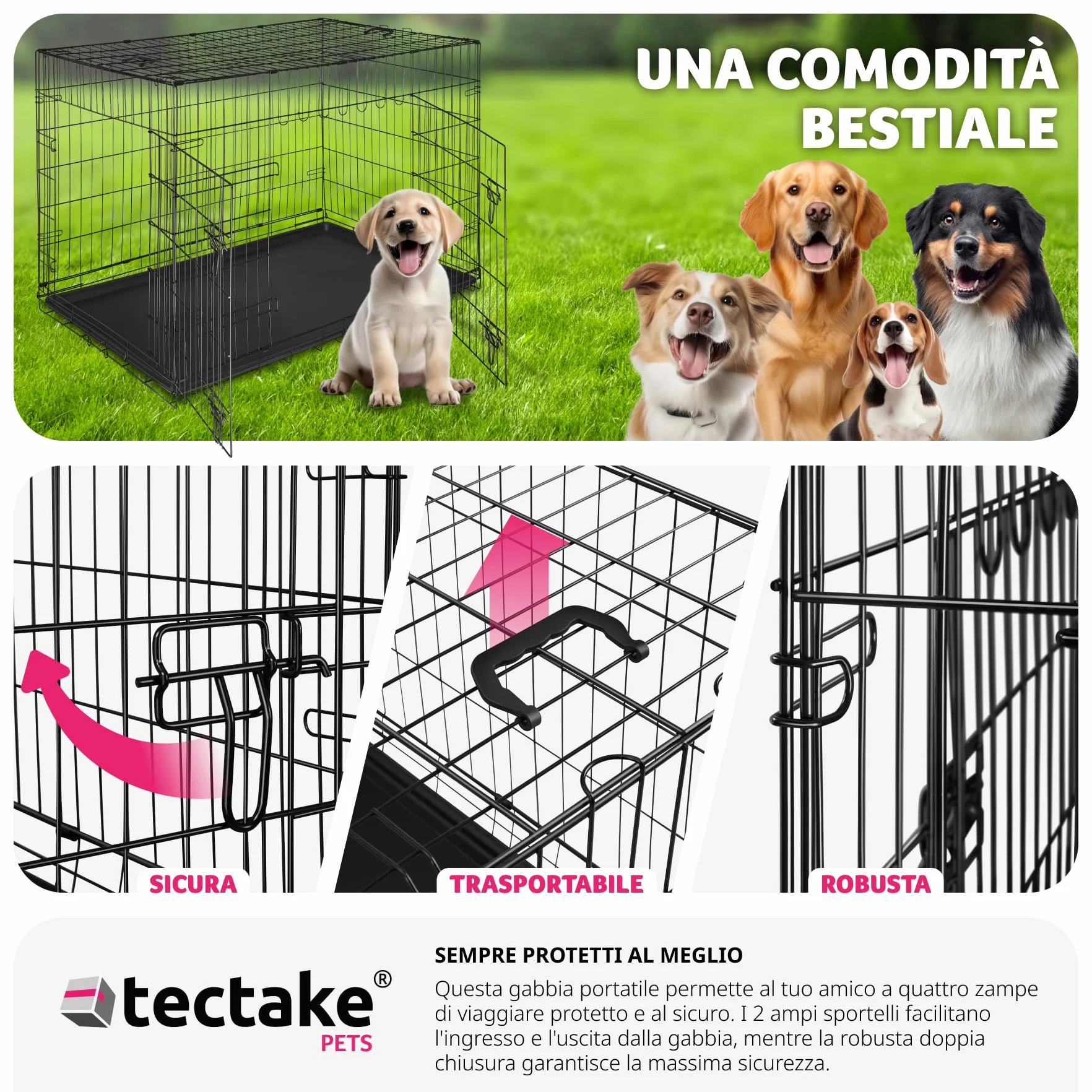 tectake® Trasportino Auto per Cani Spazioso, 78x48x52,5cm, Gabbia per cani con Griglia in Acciaio Robusta, per Gatti, Pieghevole, 2 Porte, Doppia Chiusura, Vasca Rimovibile, 2 Maniglie per Trasporto