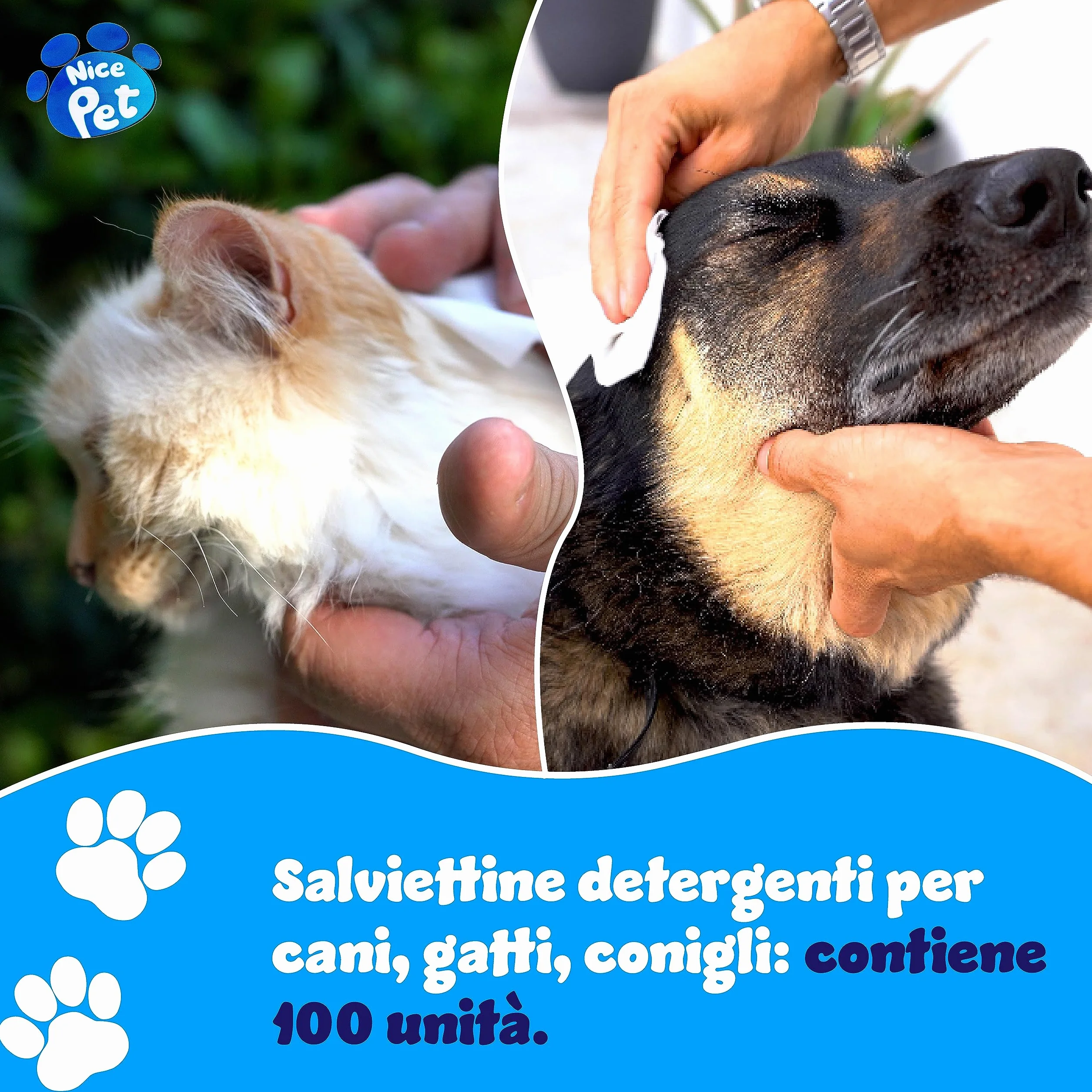 Nice Pet Salviette Multiuso Detergenti Igienizzanti per Cani e Gatti 100 Salviette Umidificate