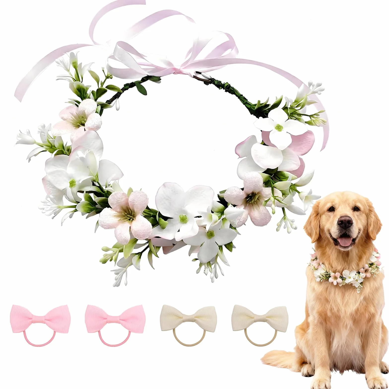 Papillon per Cane, Fiore Elegante con Fiori e Nastro, Adatto a Tutte Le Taglie di Cane, Regolabile, Perfetto per Matrimoni e Occasioni Speciali