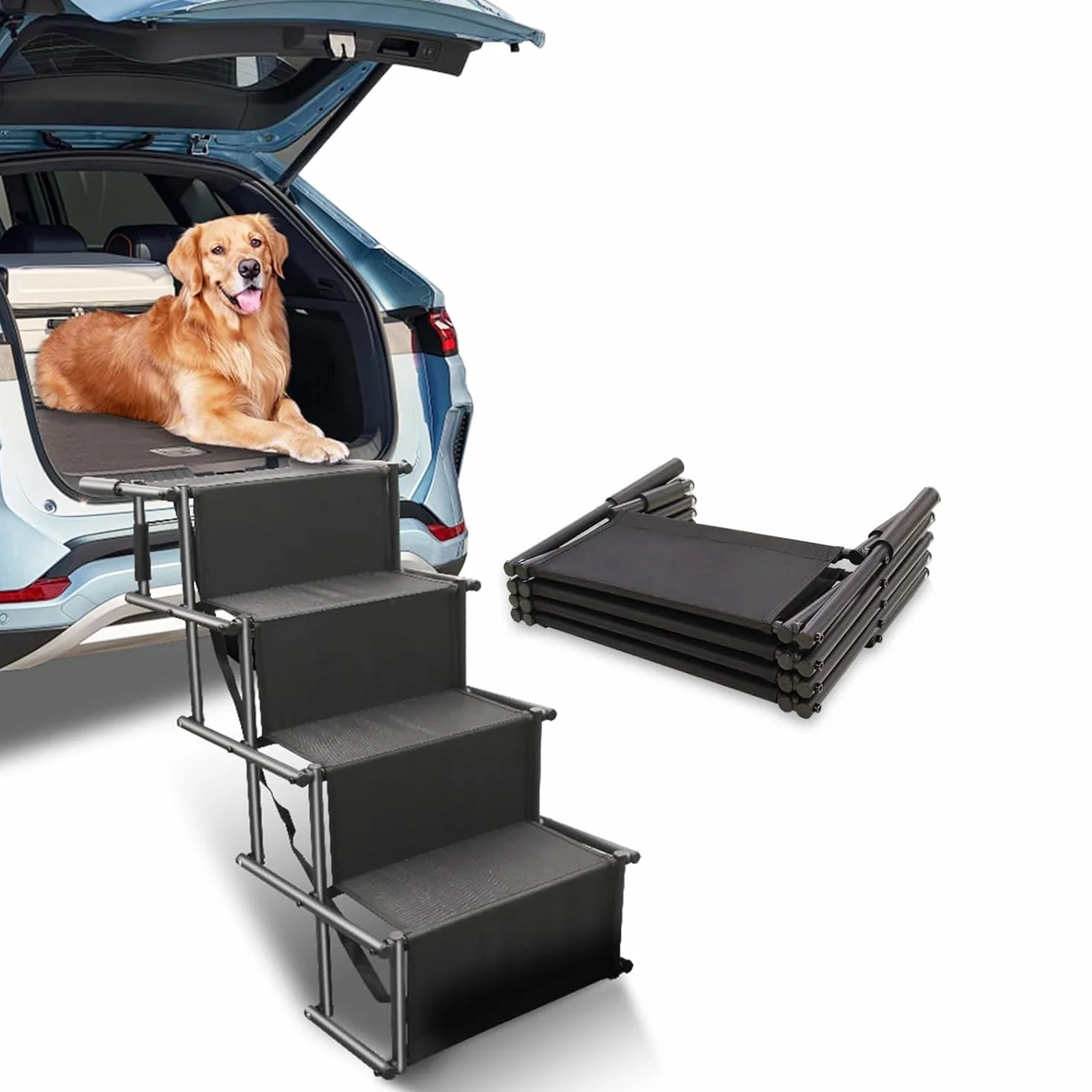 Rampa per Cani Pieghevole 4 Gradini Fino a 80kg Antiscivolo per Auto Grandi Cani (nero, L)