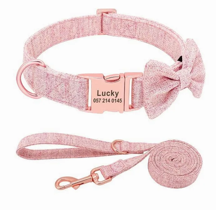 Set Collare Per Cane Personalizzato Morbido Con Fiocco Con Nome Personalizzato Inciso Collare Per Cane In Nylon Stampa Guinzaglio Per Cani Di Taglia Piccola,Media E Grande,Pink,l