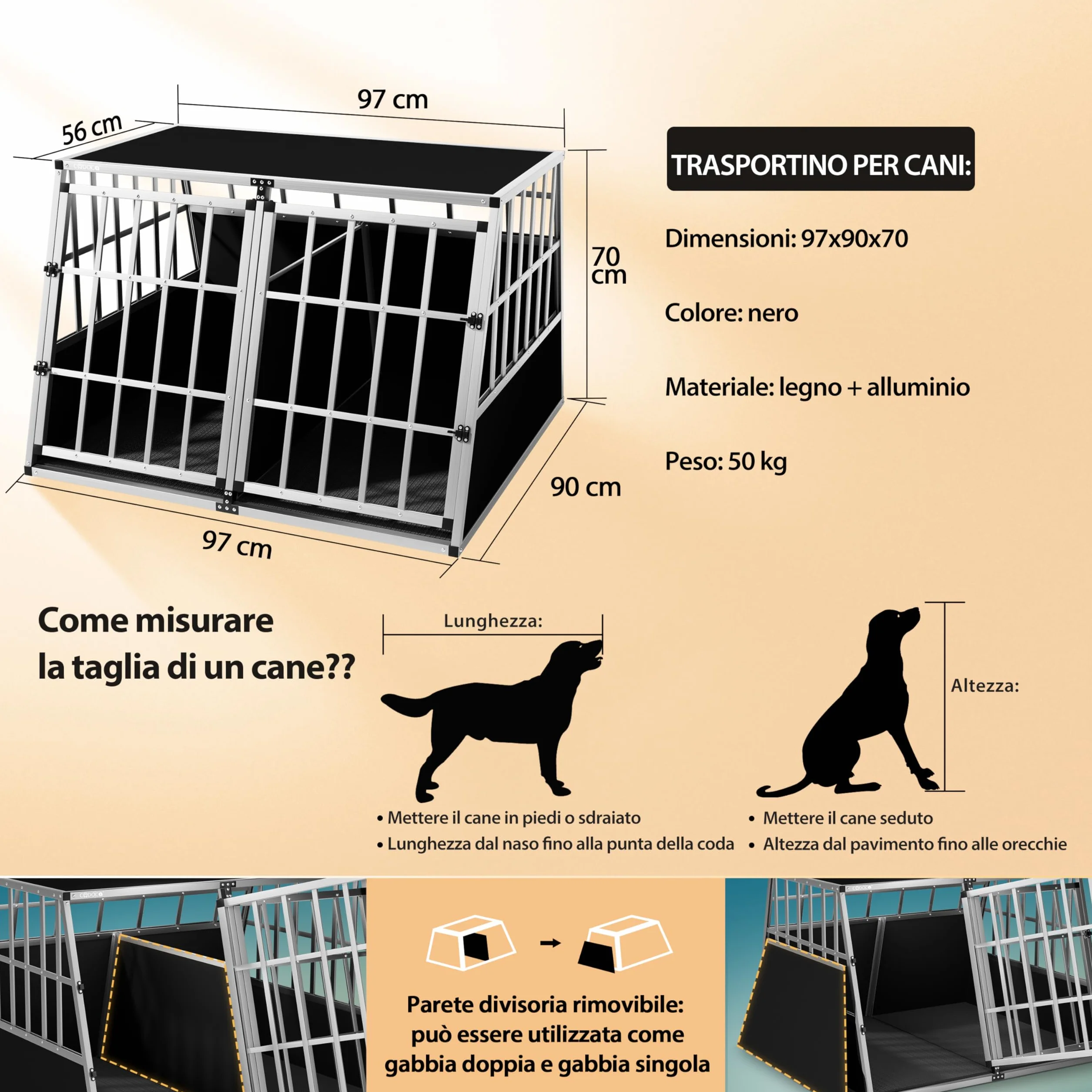 CADOCA® Trasportino Cani XXL 97x90x70cm Richiudibile Alluminio Impermeabile Box Auto Cagnolini