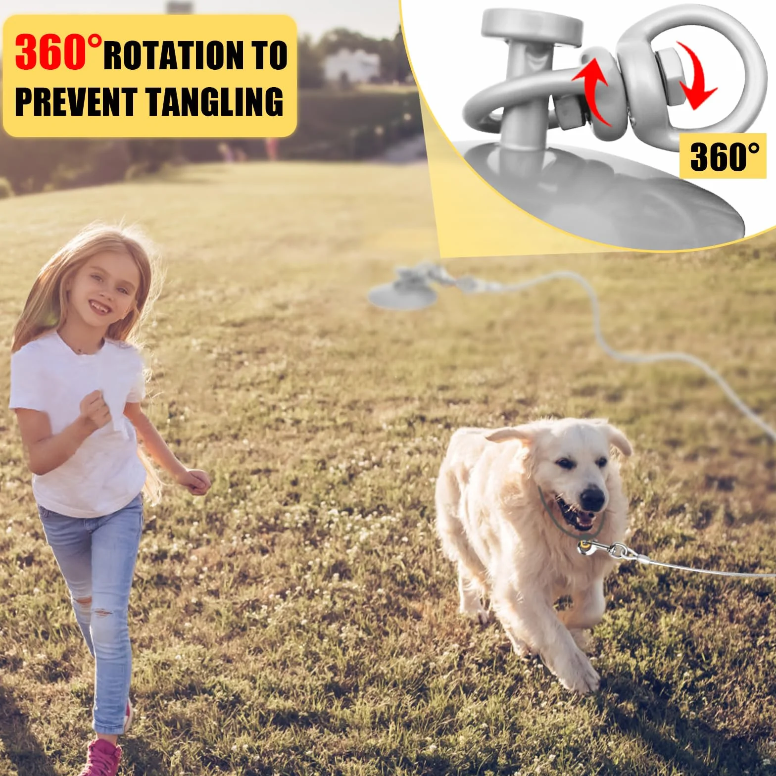 Palo per cani resistente con cavo per cani da 3 m, per cani grandi fino a 68 kg, palo per esterni, facile da installare, palo girevole a 360° per cortile, campeggio, spiaggia