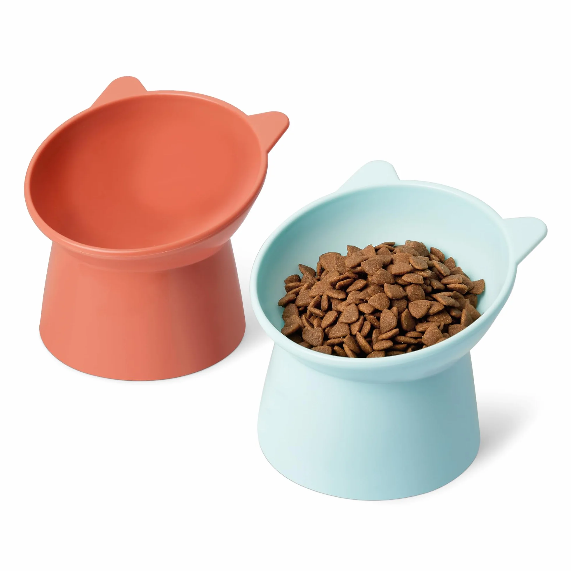 Amazon Basics, Ciotole Rialzate per Gatti, a Forma di Orecchio di Gatto, Confezione da 2, 13,2 × 13,2 × 11,4 cm, Arancione e Blu
