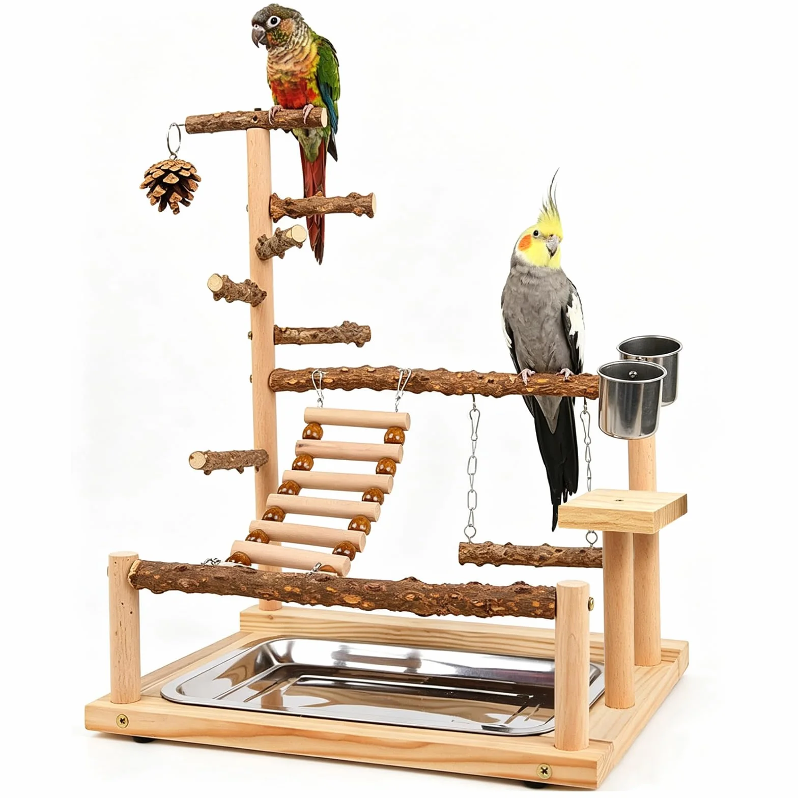 Parco Giochi per Pappagalli Palestra per Uccelli con Posatoi e Accessori Legno 45x37x26 CM