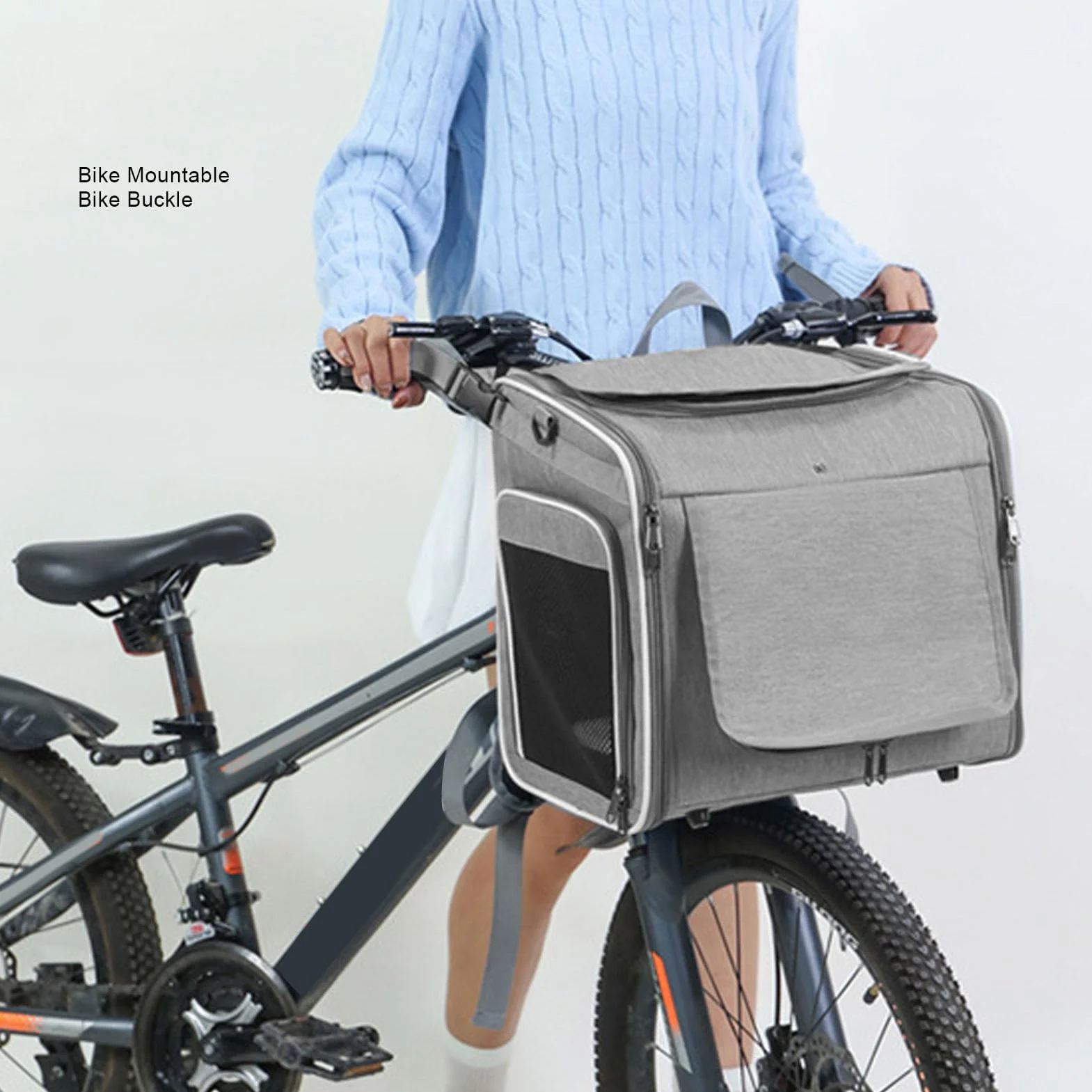 Cestino per Cani da Bici Fino a 8 Kg di Peso 4 Porte, 4 Mesh, Design Morbido Zaino Porta Animali da Bici con Finestre Robusta Struttura in Metallo Tessuto Oxford Resistente (GREY)