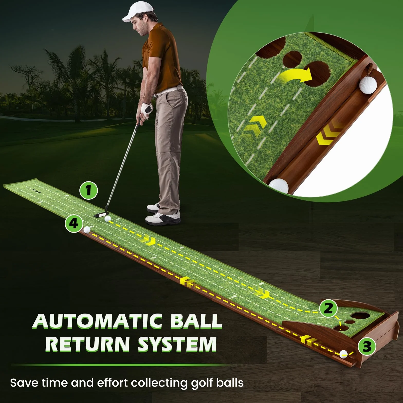 LIFEZEAL Tappetino Golf Allenamento con Buche per Interni, Tappeto Portatile con Ritorno Automatico, Base per Golf, Pad con 3 Panlline per Golf, Tappetino di Appoggio per Esterni (3 buche)