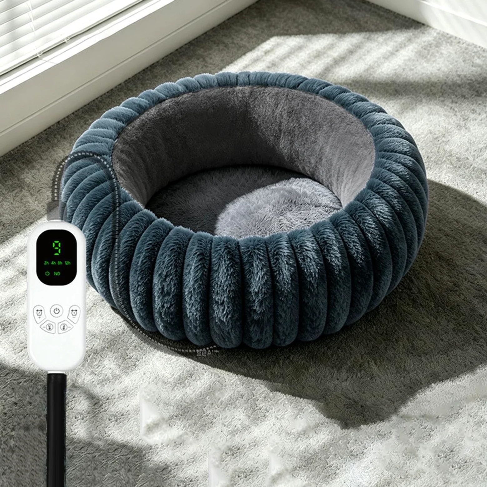Cuccia Riscaldata Per Gatti Cuscino Rotondo in Peluche con Timer e 9 | Tappetino Riscaldante per Gatti per Angolo Casa Interno Soggiorno Camera Ufficio