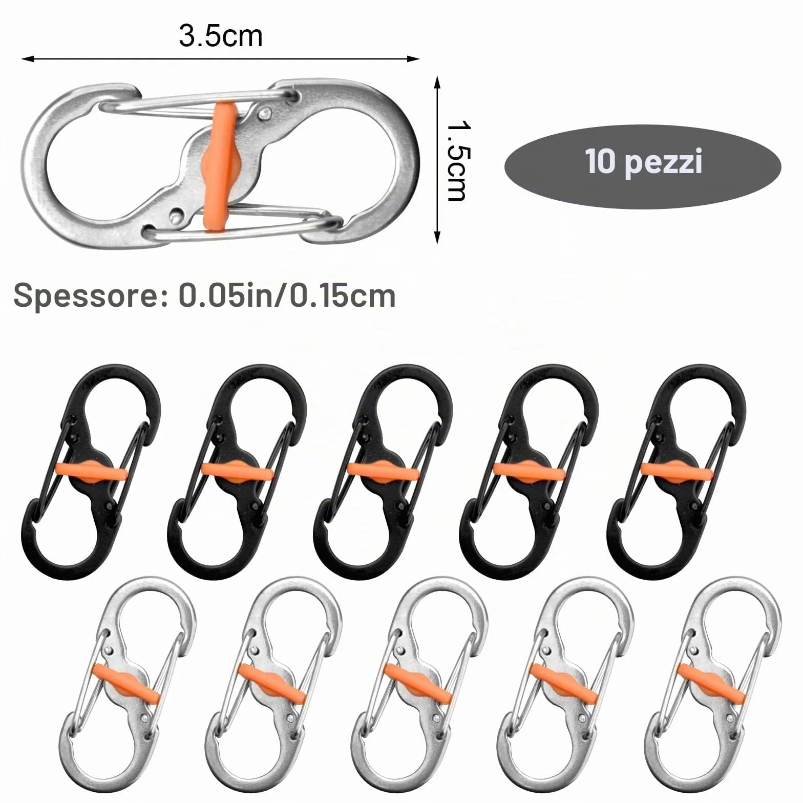 Mini Moschettone a Forma di S in Acciaio Inox 10 Pezzi per Attività All'aperto Campeggio Antifurto Portachiavi