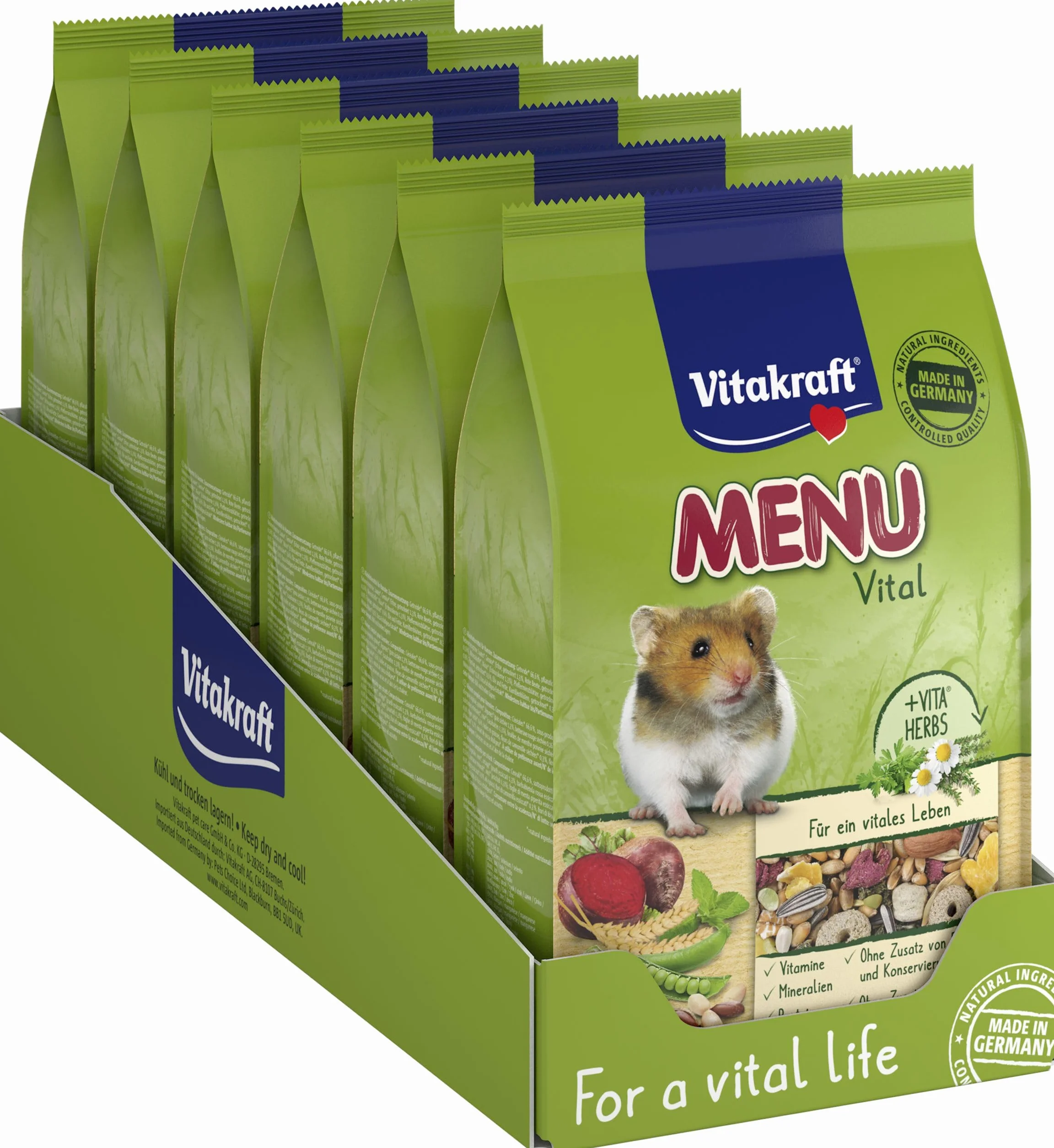 Vitakraft Menu Vital, alimento principale per criceti, con verdura, con noci, con vitamine e minerali essenziali, senza l'aggiunta di zuccheri e cereali (6x 400g)