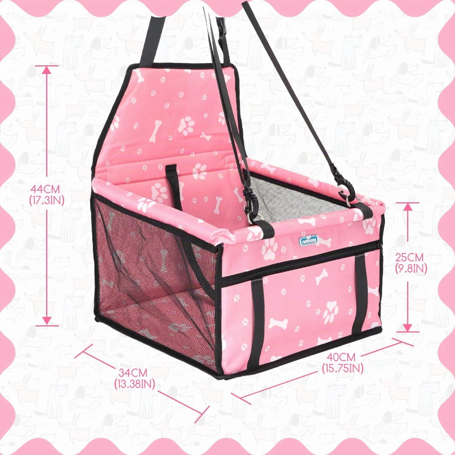 Nobleza Seggiolino Auto per Cani Piccola Taglia e Gatti, Trasportino Cane Auto, Impermeabile, Pieghevole, Rete Traspirante, 40x34x25cm, Rosa
