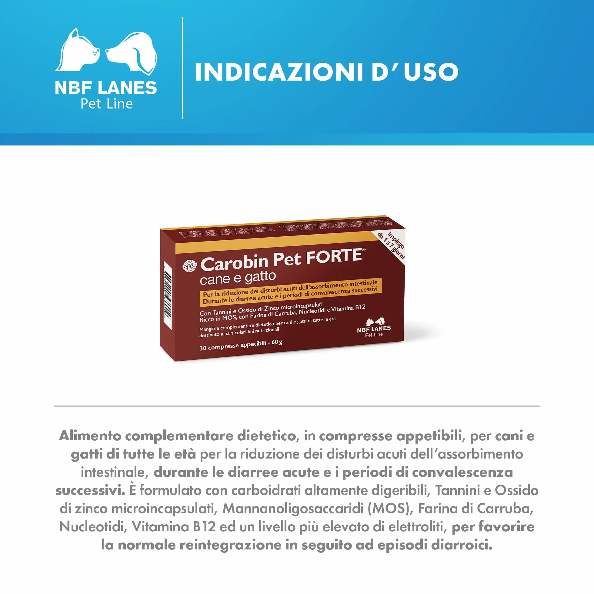 NBF Lanes | Carobin Pet Forte Cane Gatto, 30 Compresse Appetibili, Riduzione Disturbi Acuti dell’Assorbimento Intestinale, Diarree Acute, Convalescenza