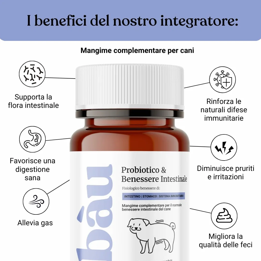 Bau Probiotici per Cani, Fermenti Lattici Cane, Supporto Gastrointestinale Cane, Probiotico Digestivo per Cani Prurito, Integratore Diarrea Cane con Ingredienti Naturali, Probiotico Cane -60cps