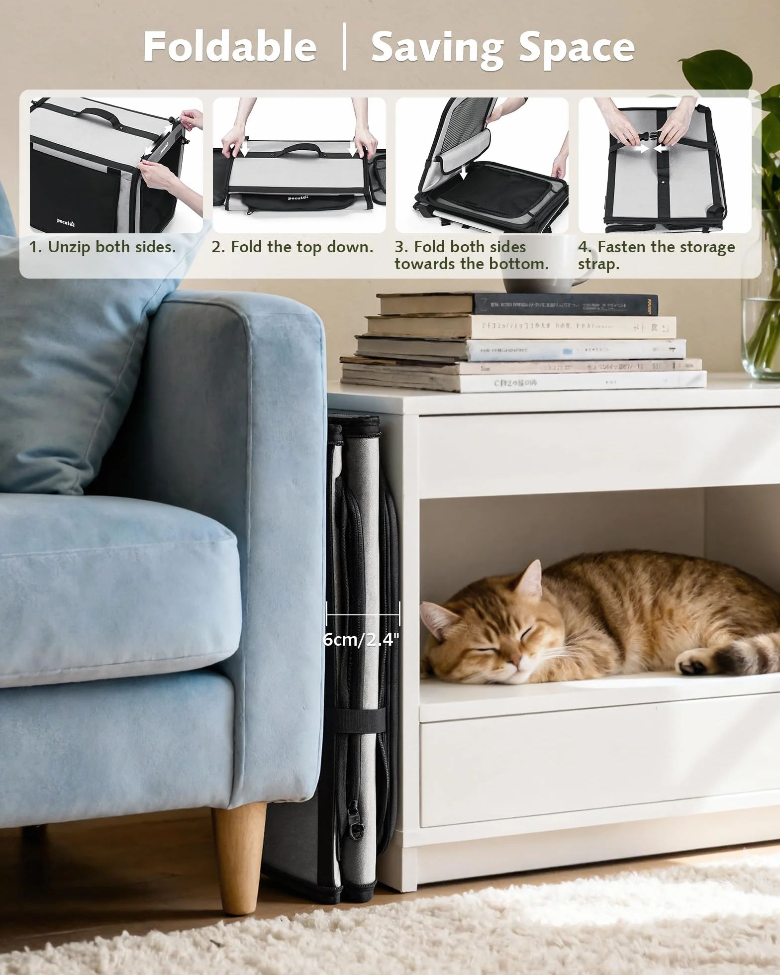 Pecute Trasportino Cani Stabile Leggero, per viaggi e auto, Portatile Con Finestre Traspiranti, Pieghevole Per Animali Domestici, Uso Interno Esterno, 61×45×52 cm, Grigio