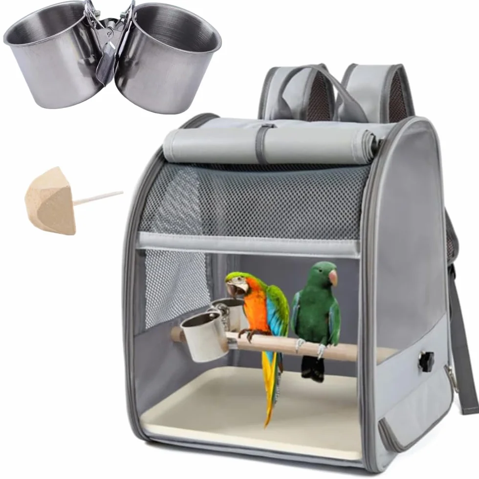 Zaino per Il Trasporto di Uccelli,con tazze a clip in acciaio inossidabile,con tende,con Supporto per Posatoio,pietra da 1 molari,per Escursioni,piccoli uccelli,1 vassoio di plastica