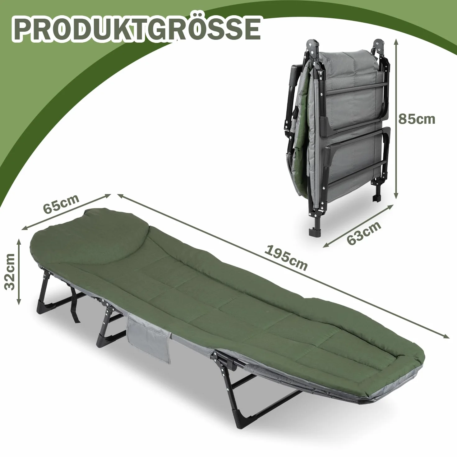 Lettino da pesca alla carpa fino a 160 kg, pieghevole, con borsa per il trasporto, 195 x 65 x 32 cm, letto da campeggio imbottito, per campeggio, pesca, spiagge, giardini, verde