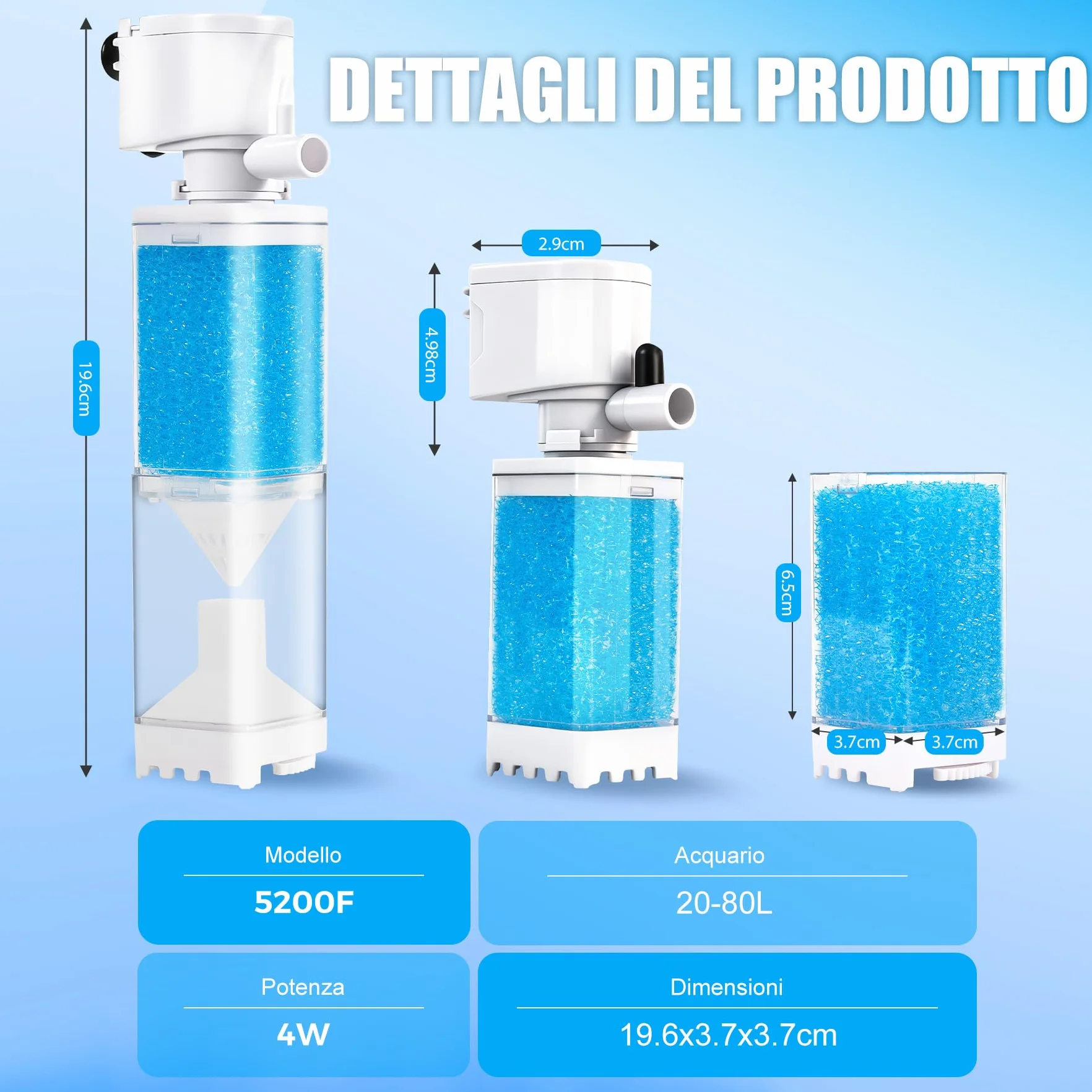Vehipa Filtro Acquario 4W, 350L/H - per 20-80 Litri - Pompa con Funzioni di Ossigenazione Regolabile, Circolazione dell'Acqua e Filtraggio