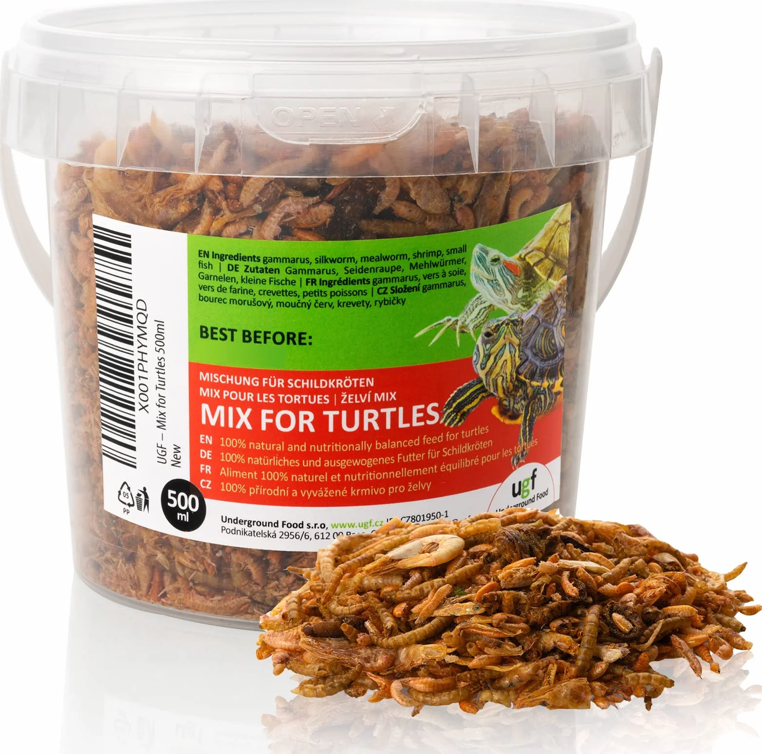 UGF - Mix di Cibo Universale per Tartarughe - 90 g in Un Secchio da 500 ml, Cibo bilanciato per Tartarughe, Gammarus, bachi da Seta, Vermi della Farina, gamberetti e Pesce essiccato