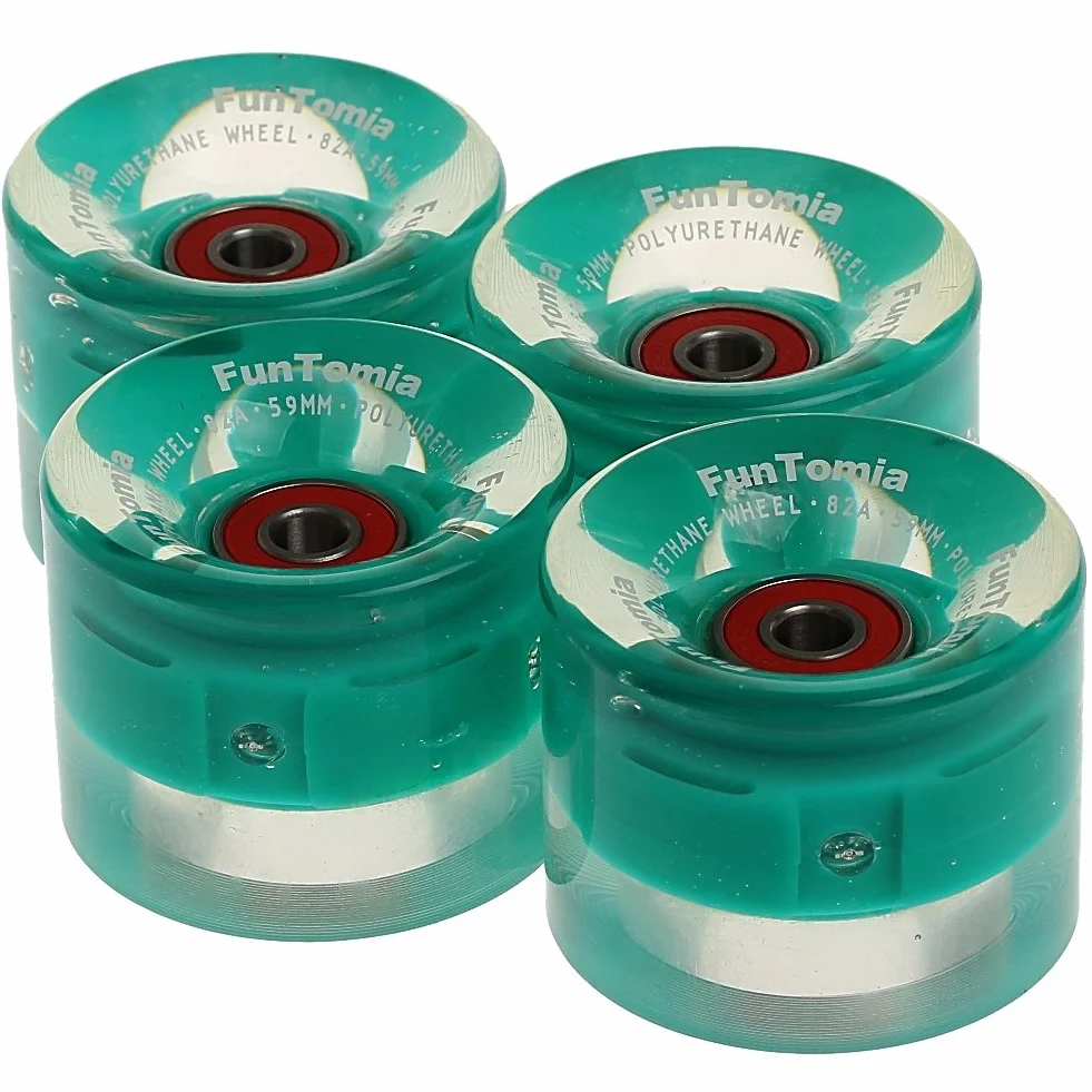 FunTomia 4 Pezzi LED Longboard/Skateboard/Miniboard Ruote (Big Wheels) 59x45 mm 82A incl. Mach1 Cuscinetti a Sfera, Magnete Spacer e T-Tool