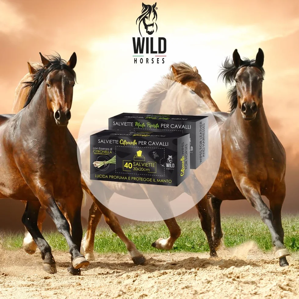 Wild Horses | Salviette Detergenti per Cavalli, Ideali per Lucidare, Profumare e Proteggere il Manto, Menta Piperita, 40 Pz, 30x20cm