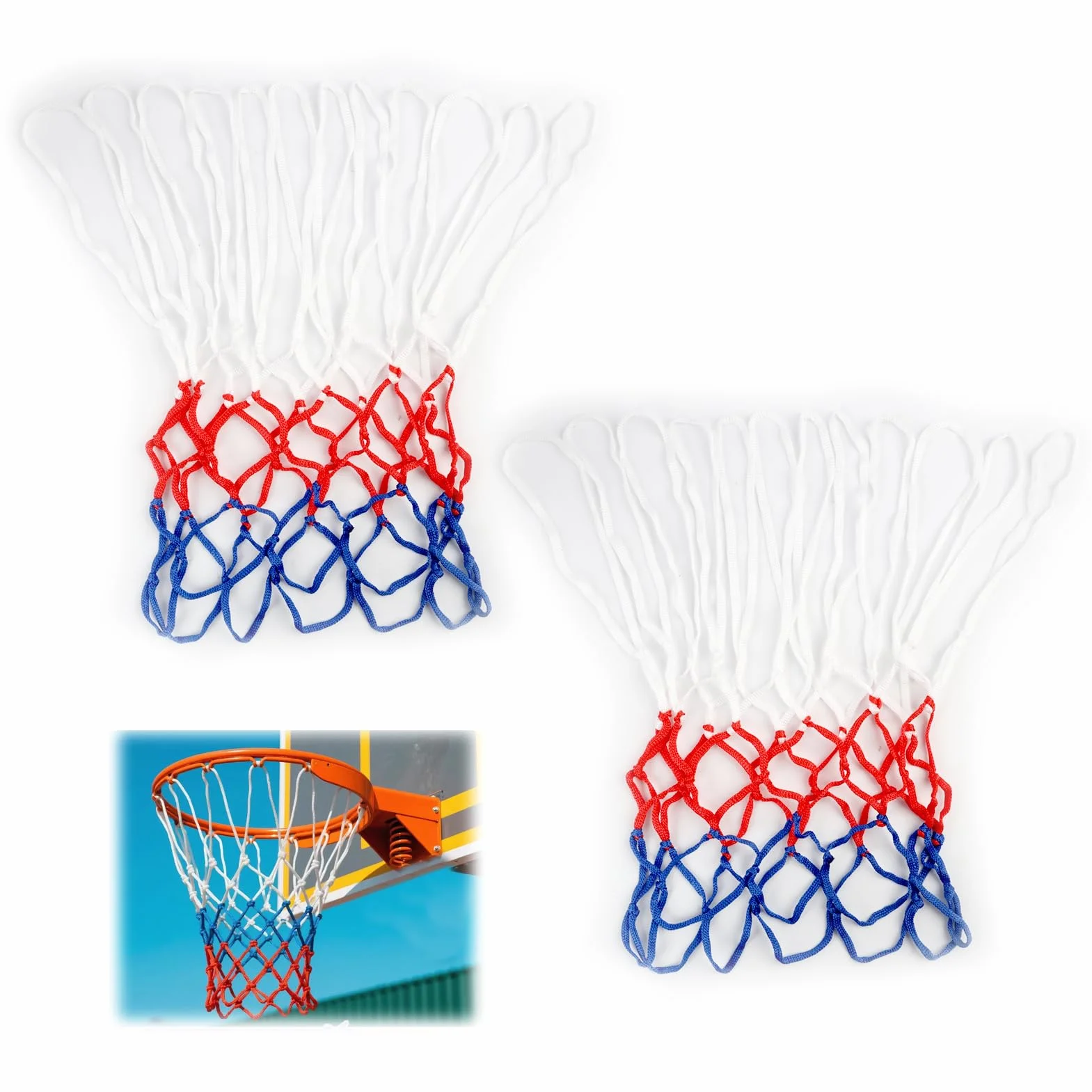Rete Canestro Basket Rimovibile 2pcs, Ricambio 12 Anelli, Retina in Poliestere Tricolore per Esterno