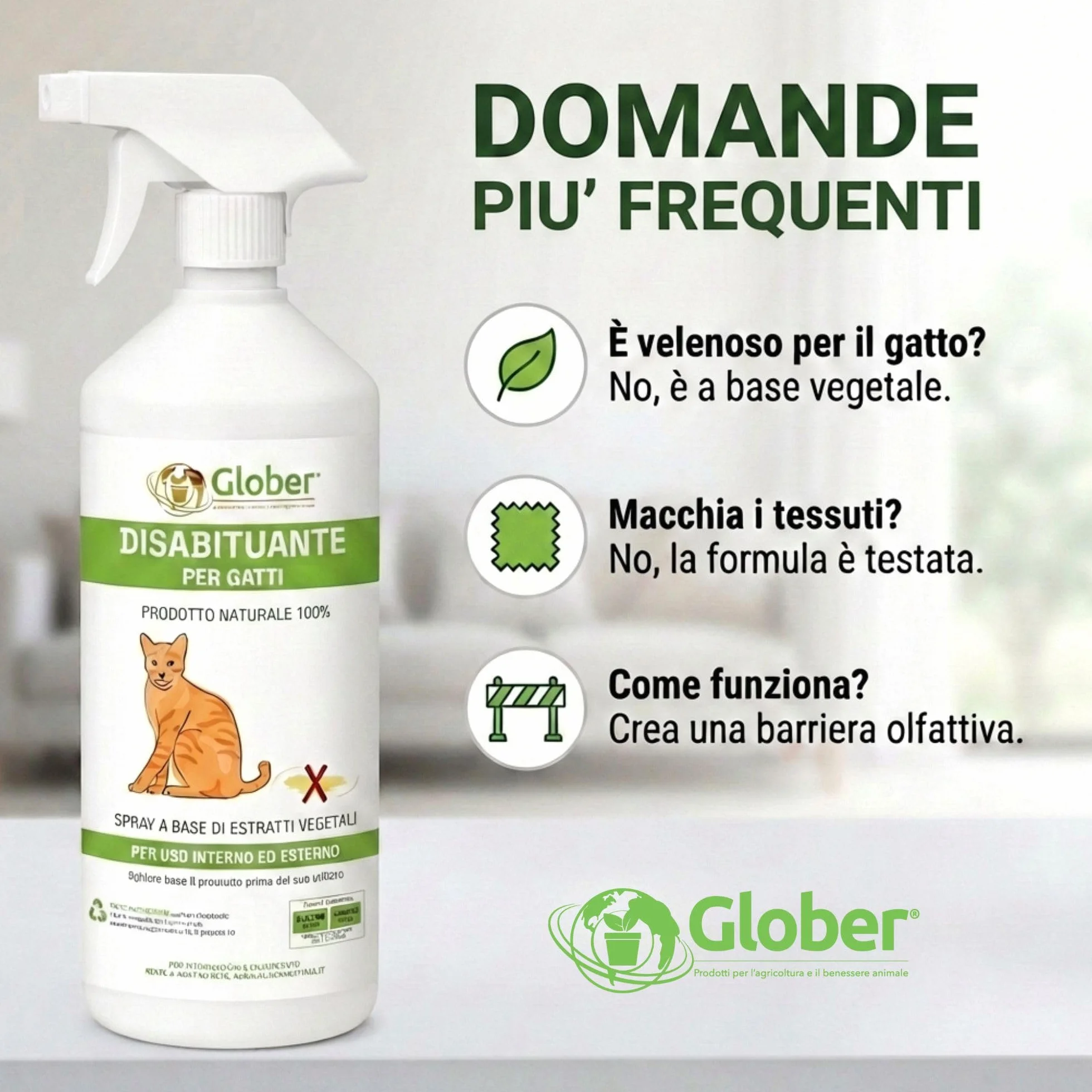 GLOBER Disabituante per Gatti Anti Urina - Spray 750ml - Made in Italy, 100% Base Vegetale per Interni ed Esterni - Addestrativo Urine Stop Gatto - Dissuasore Gatti e Elimina i Cattivi Odori