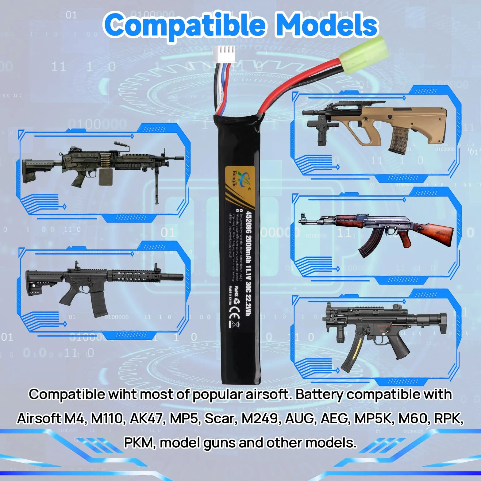 Batteria LiPo Ricaricabile 11,1 V 2000 mAh 30C 3S con Tamiya Connettore per Airsoft