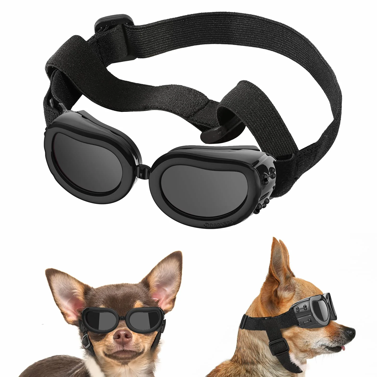 Lewondr Occhiali Cani, Occhiali da Sole Cani con Cinturini Regolabili, Imbotittura in Spugna Protezione Polvere, Anti Appanamento, Accessori Cani Domestici Occhiali per cani Taglia Piccola, Nero