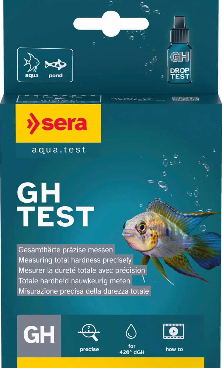 Sera GH Test 15ml | per aquario e laghetto | Misura Durezza Totale (Calcio & Magnesio) | Kit Analisi Acqua con Cuvetta, Siringa, Scheda di Valutazione | Precisione Fino a 420 °DGH per Pesci