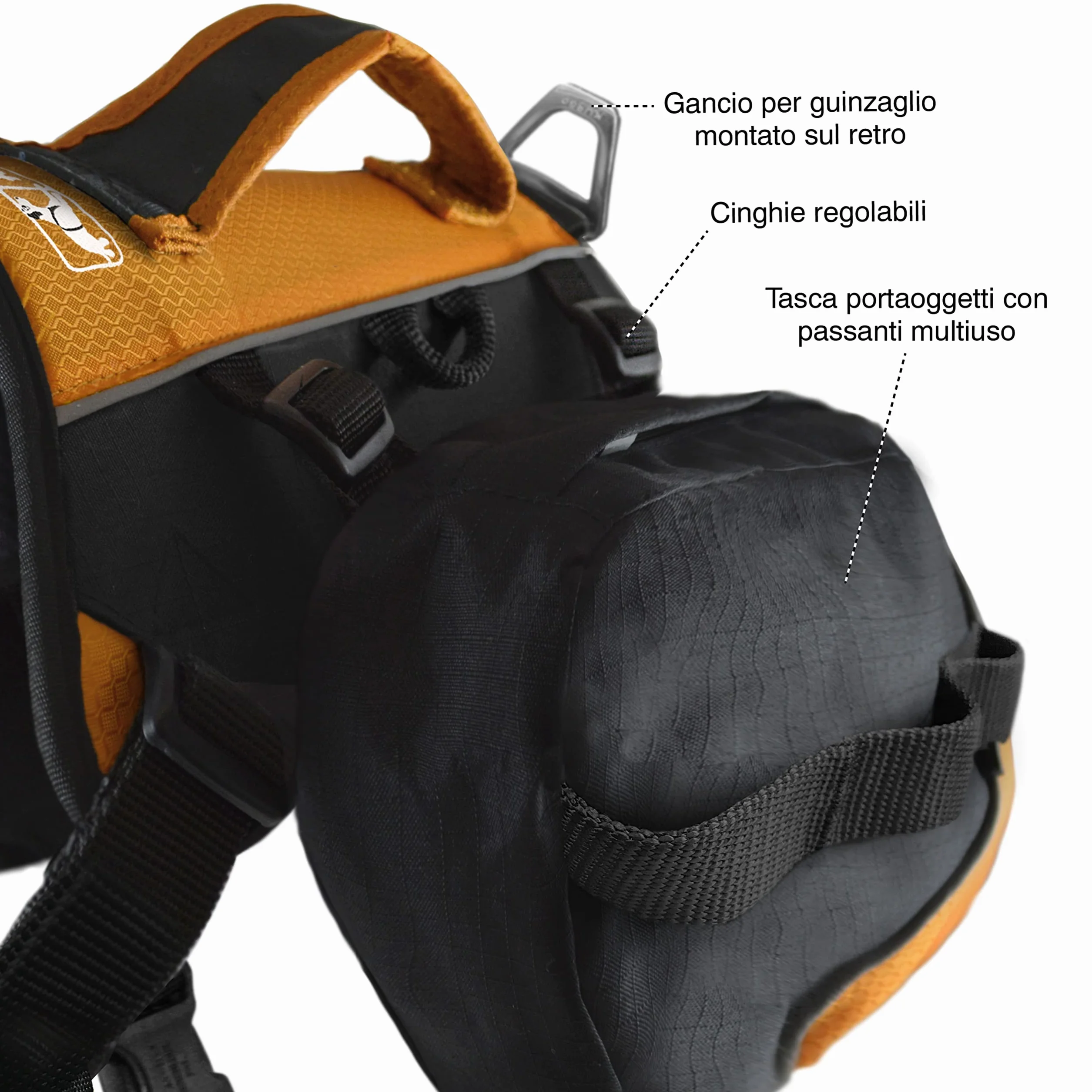 Kurgo Baxter - Zaino per Cani da Escursione con Supporto Ergonomico per la Schiena, Carico Bilanciato e Borse Laterali Resistenti - Per Cani 14–39 kg - Nero e Arancione