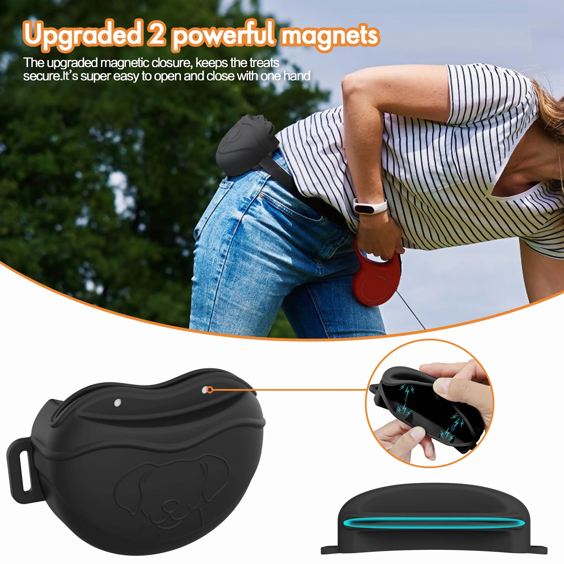 AWINNER Borsa per Cani in Silicone di Alta qualità, 4 potenti magneti, Chiusura Magnetica migliorata, Cintura Regolabile in Vita, Ideale per addestramento di Cuccioli, Passeggiate all'aperto (Nero)