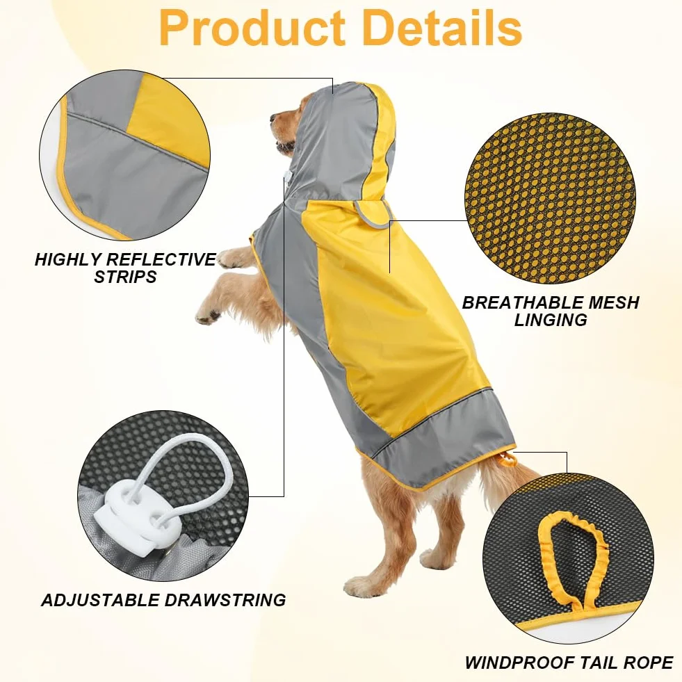 AOOWU Impermeabile Cane, Impermeabile Cane Giacca Riflettente per Cani con Cappuccio, Giallo Impermeabile per Cani per Adatto a Cani di Taglia Grande, Media e Piccola (L)